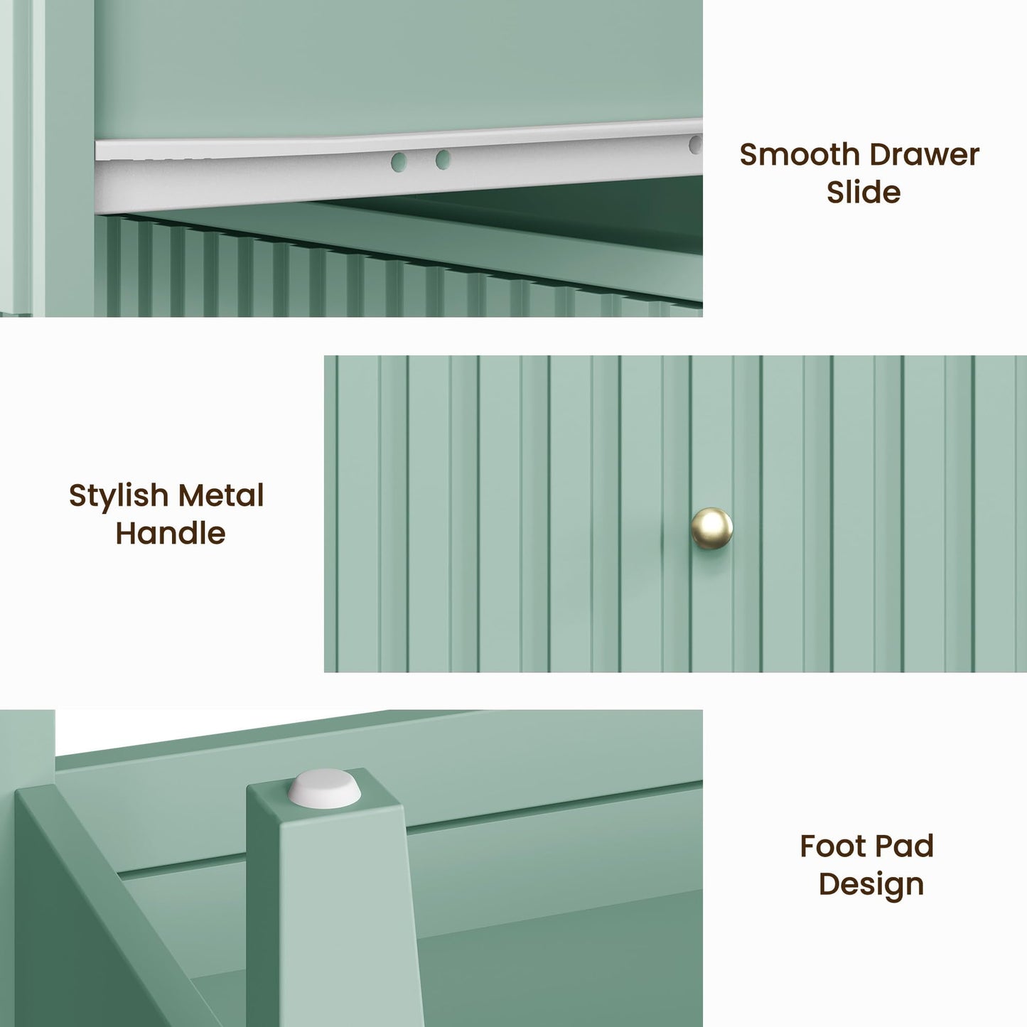 May in Color Green Fluted Nightstand with 2 Drawers Set of 2, Modern Wooden Sofa Table with Storage for Small Spaces, Tall End Table for Bedroom,Living Room, Couch Coffee Table