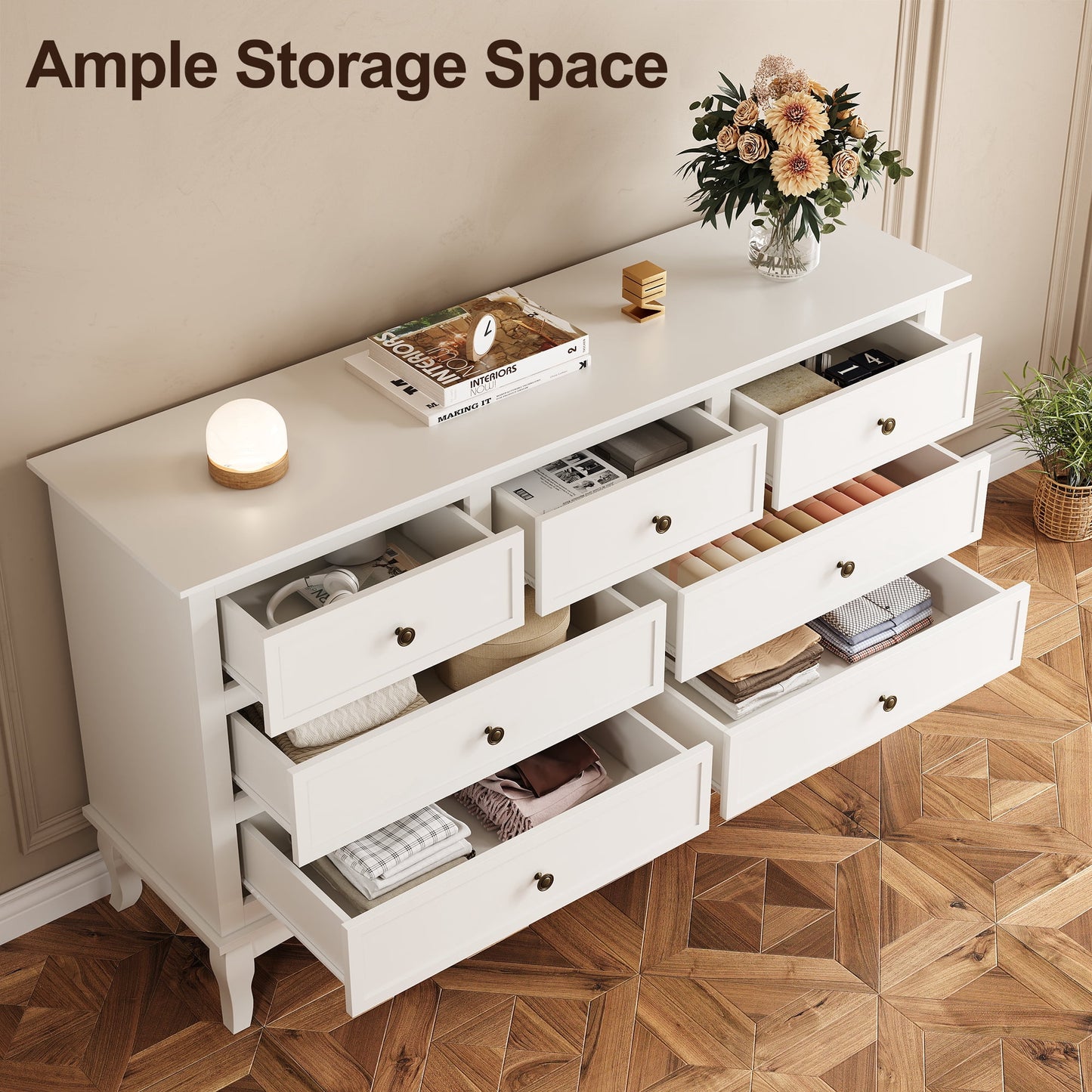 Heynemo Sideboard Buffet Cabinet with 7 Drawers, Set of 2, Modern Wide Credenza Cabinet with Rubberwood Legs & Painted Finish, Wooden Storage Closet Cabinet Organizer for Living Room, Hallway, White