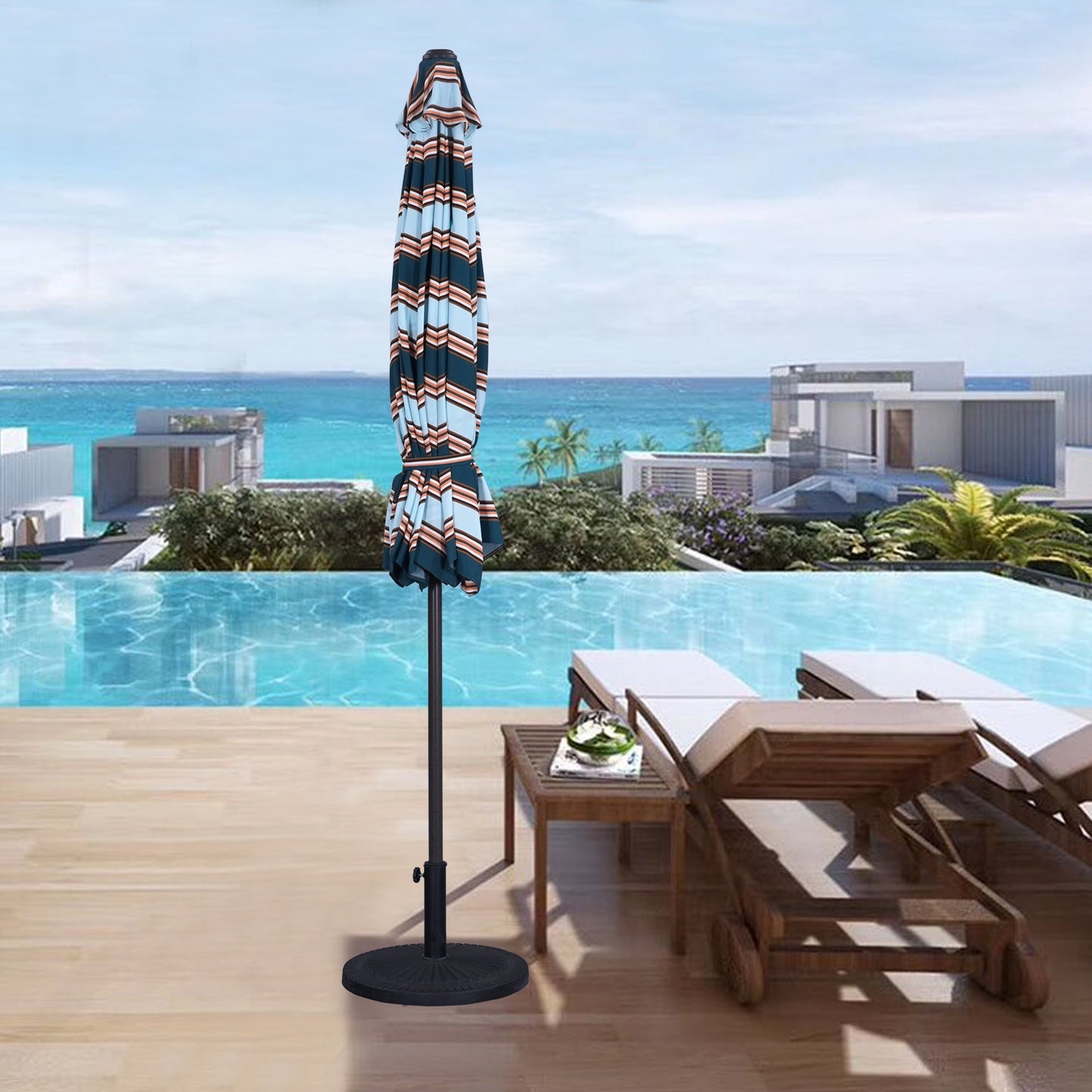 Superjoe 9 ft Striped Patio Umbrella Market Umbrella with Push Button Tilt and Crank, Blue & Brown Stripe