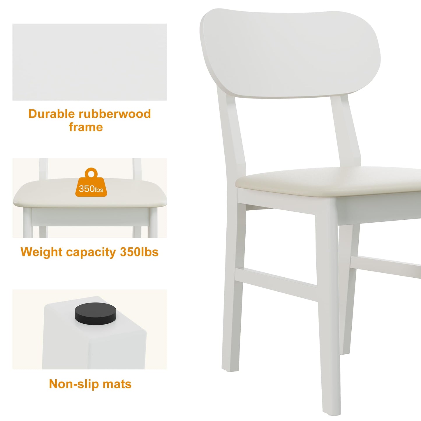 May in Color Wooden Dining Chairs Set of 2, Modern Dining Chairs with Rubberwood Legs, 350LBS Capacity, Leather Side Seat for Kitchen, Dining Room, Living Room, Home Office, Terrace, Courtyard, White