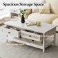 Royalcraft Farmhouse Coffee Table, Boho Tea Table with 2 Rattan Decor Drawers, Accent Center Sofa Table with Storage Shelf, 2 Tier Coffee Table for Bedroom, Living Room, Home Office, Grayish White