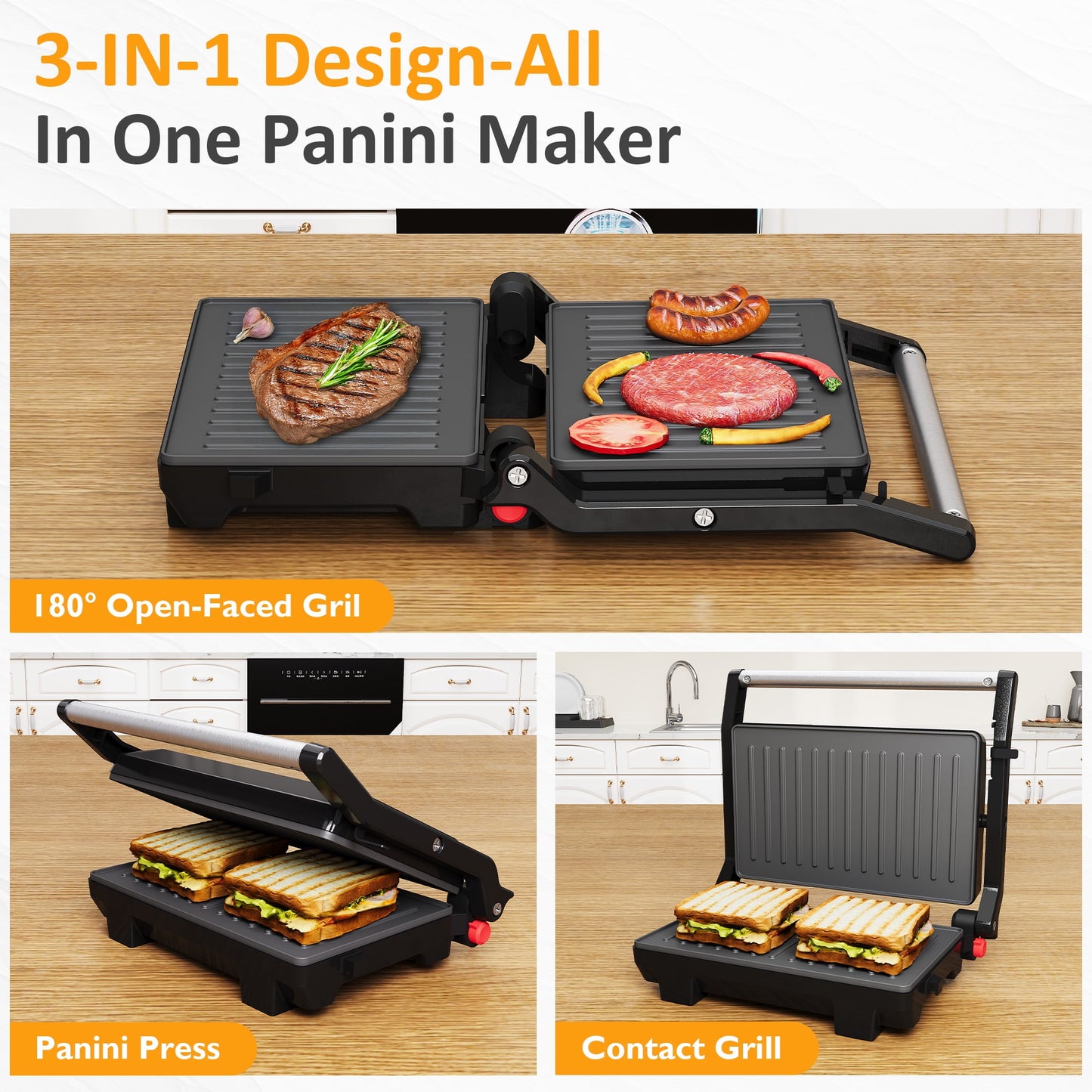 Heynemo 3-in-1 Portable Panini Press Sandwich Maker with Nonstick Interior, 1000W