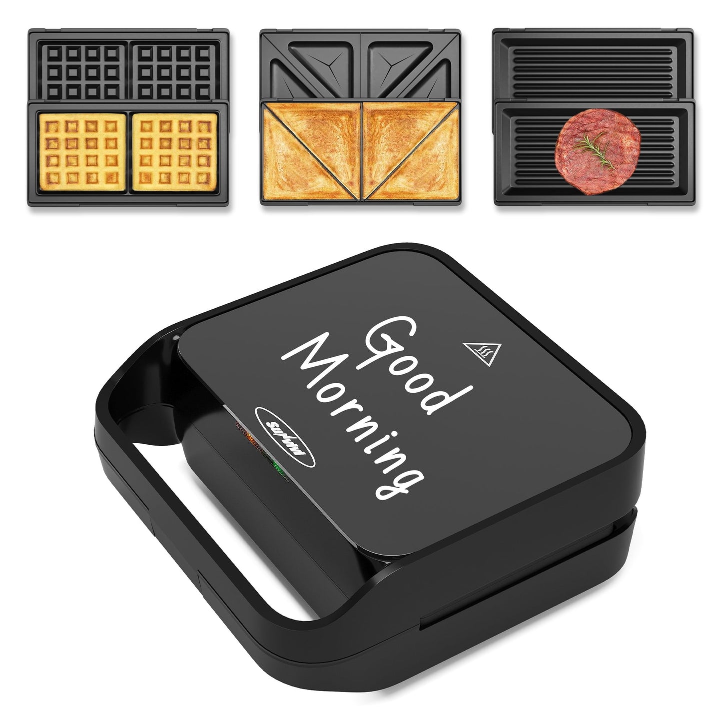 Heynemo 3-in-1 Electric Sandwich Maker & Waffle Grill, 850W Panini Press with Non-Stick Removable Plates & Tempered Glass Top, Cool Touch Handle, Easy to Clean, Black