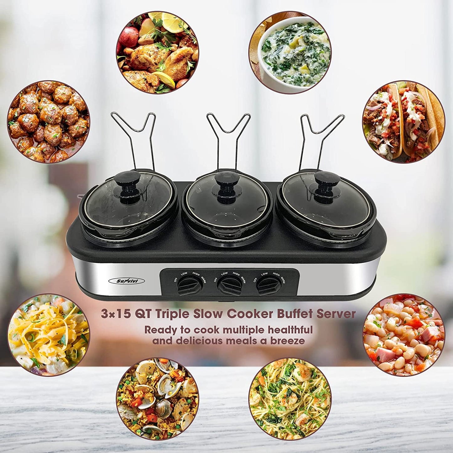 Superjoe Triple Slow Cooker 3x1.5 Quart Electric Food Warmer Pot Buffet Server, Adjustable Temp Removable Ceramic Pots Lid Rests
