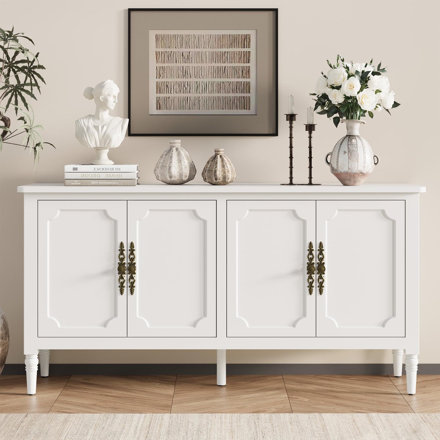May in Color Sideboard, 58'' Mid Century Modern Storage Sideboards with 4 Doors and Adjustable Shelves, Console Table for Entryway, Dining Room, Living Room, White
