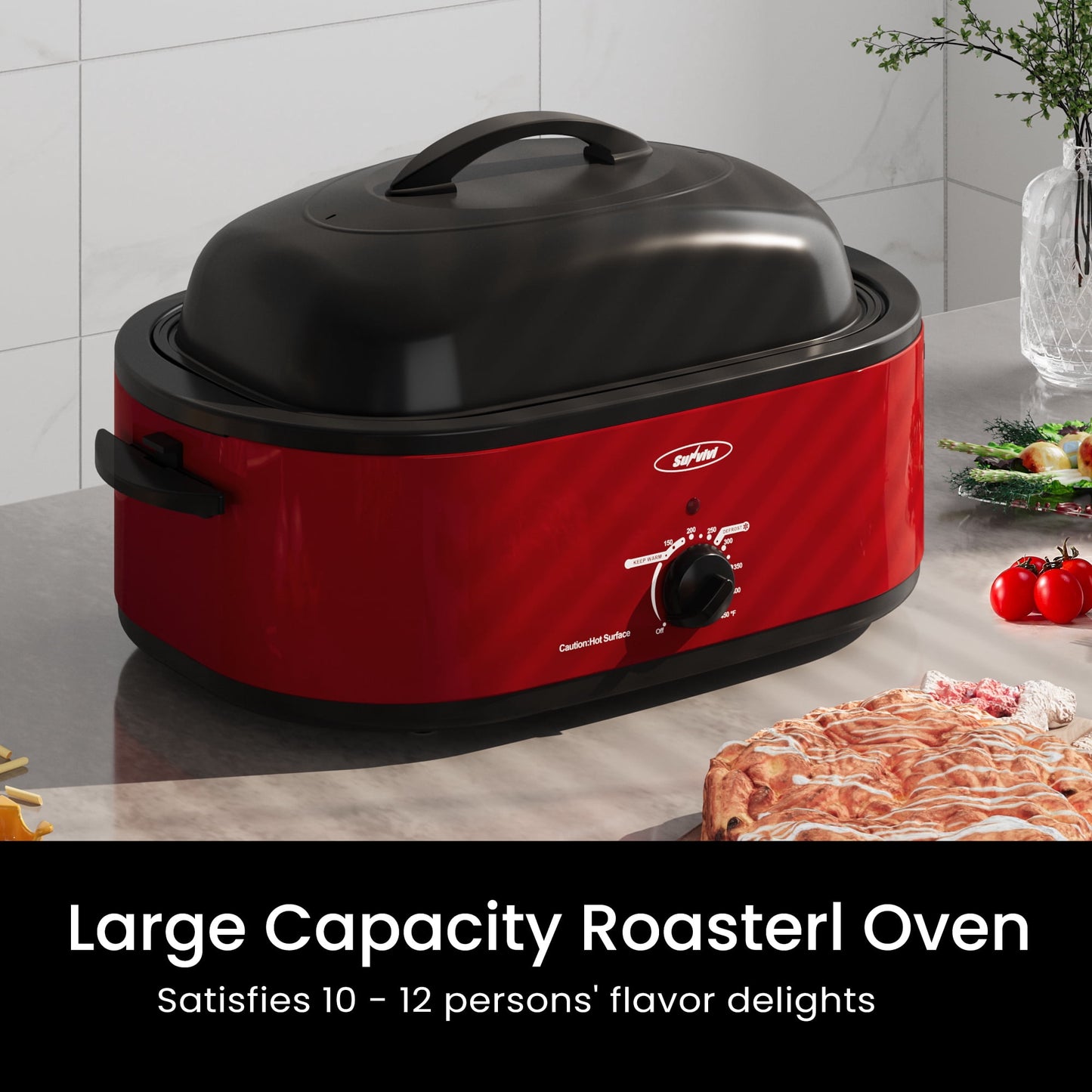 Sunvivi Roaster Oven with Self-Basting Lid, 18qt Electric Roaster with Removable Pan & Rack, Turkey Roaster Oven with Defrost & Warm Function, Stainless Steel, Red
