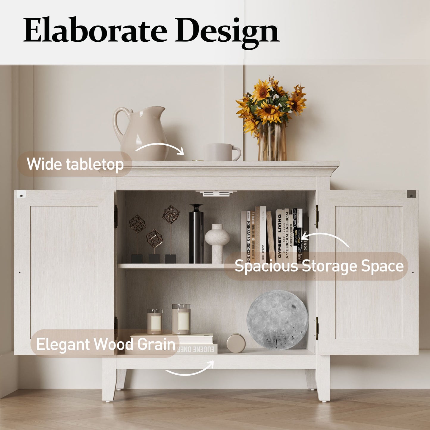 Storage Cabinet, Kitchen Sideboard Cabinet with Rattan Decor Doors, Accent Buffet Cabinet with Adjustable Storage Shelf, Wood Cabinet Organizer for Hallway, Dining Room, Living Room