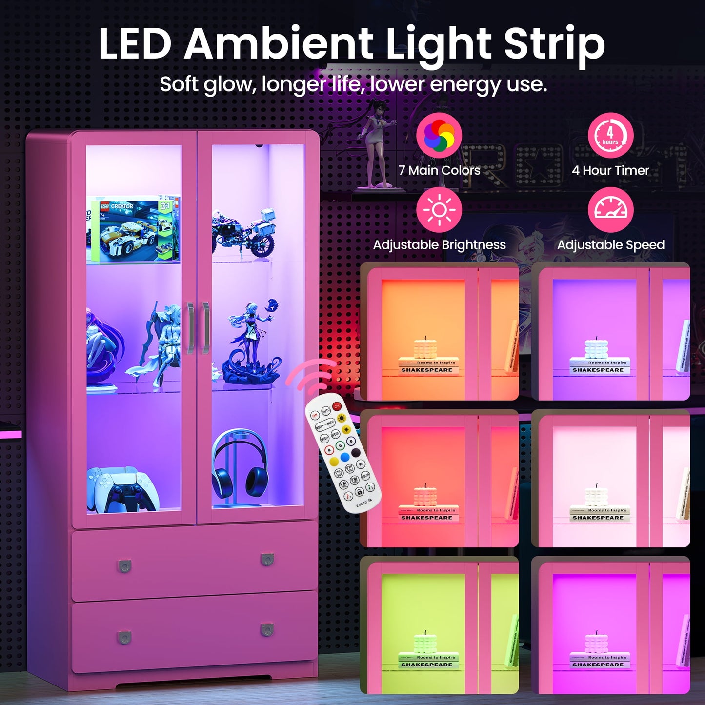 Heynemo 64'' Tall Display Cabinet with Acrylic Doors and LED Lights, Pink
