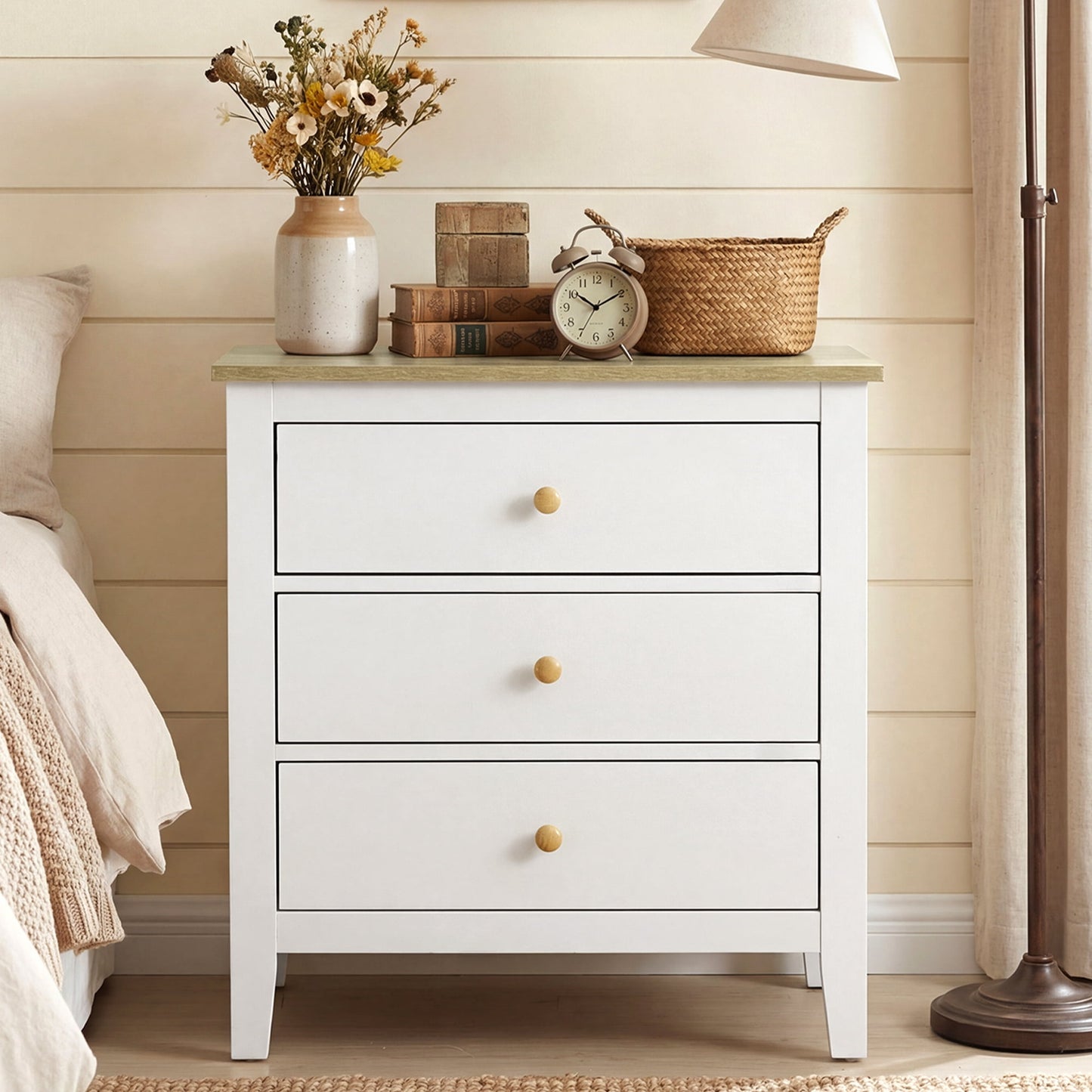 May in Color Large Nightstand with 3 Spacious Drawers, Modern Bedside Table with Solid Wood Knobs for Bedroom Living Room