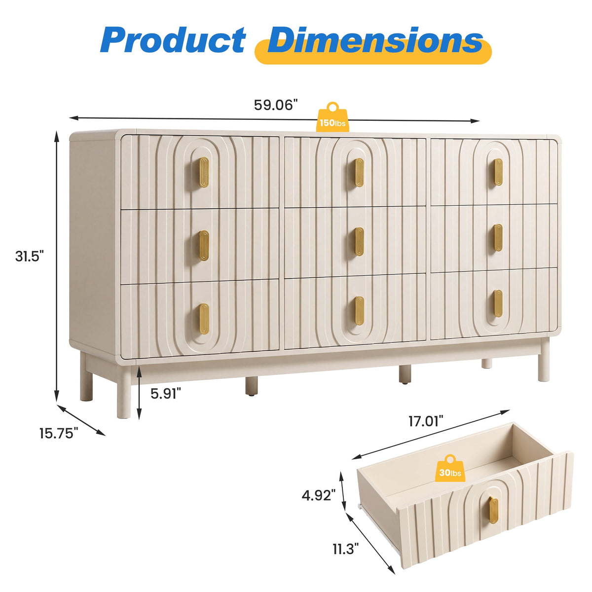 Heynemo Fluted Chest of 9 Drawers, Beige Modern 9 Drawer Dresser with Gold Metal Handles, Wide Storage Dresser Cabinet for Bedroom Living Room