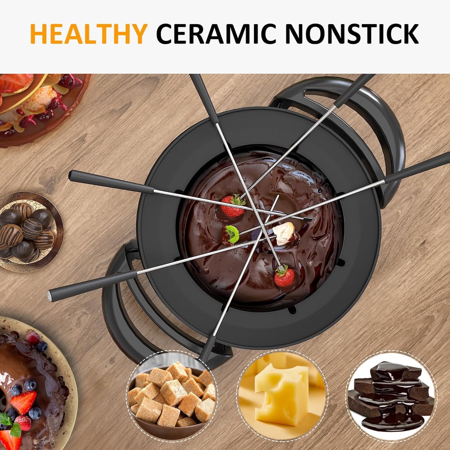 Superjoe Electric Fondue Pot Set for Melting Chocolate Cheese, 3 Quart Fondue Set with Adjustable Temperature Control and 8 Color-Coded Forks, 1000W Non-Stick Fondue Maker for Dessert, Oil and Broth