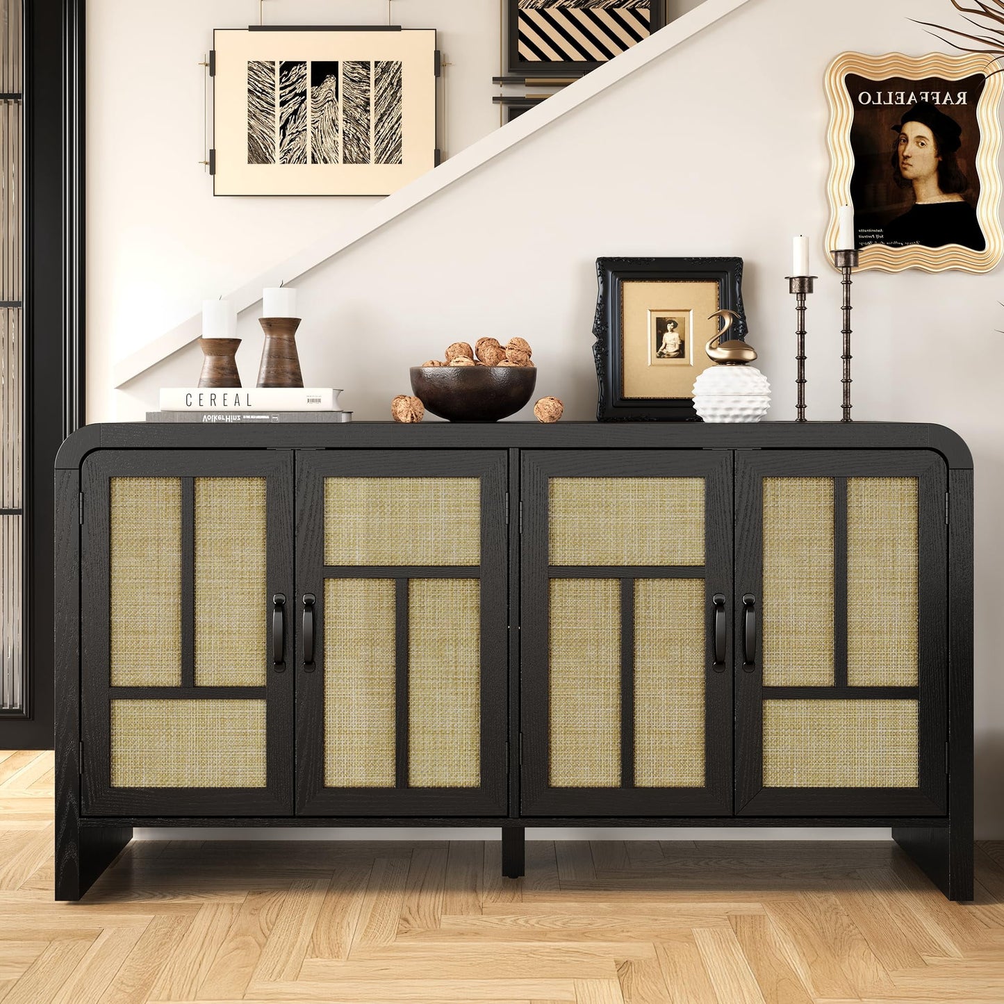 Heynemo 59'' Storage Cabinet with 4 Rattan Door (Set of 2), Boho Sideboard Buffet Cabinet with Adjustable Shelves, Large Entryway Table for Kitchen, Hallway, Dining Room, Living Room, Office, Black