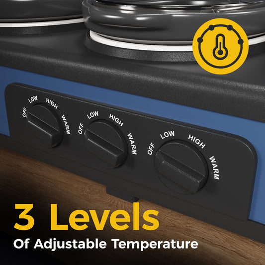 Heynemo Triple Slow Cooker Buffet Server with Removable Ceramic Pots and Adjustable Temperature - 3 x 1.5 Quart, Blue