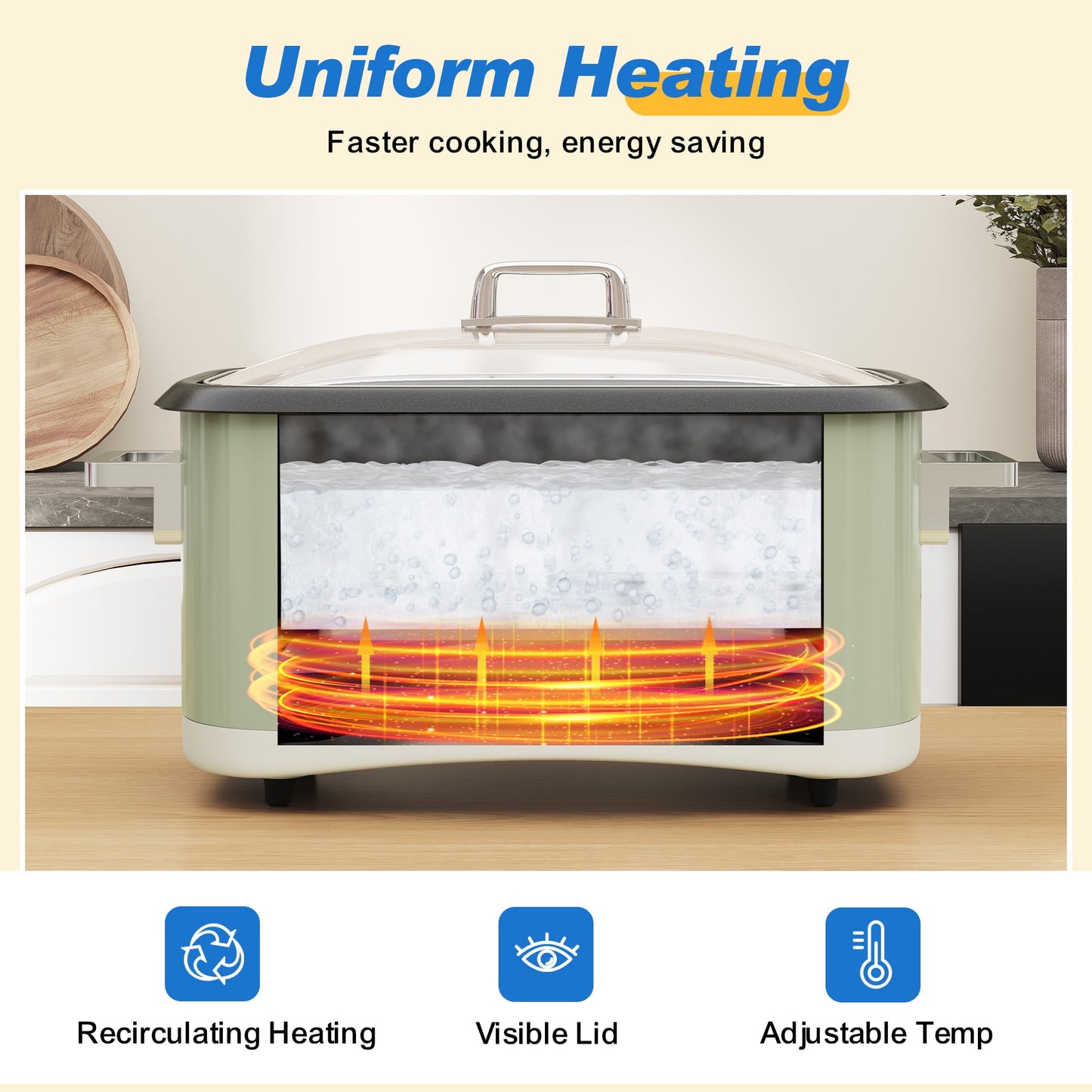 Sunvivi 8-Quart 12-in-1 Programmable Slow Cooker Roaster Oven, Multi-Cooker with Digital Timer, Adjustable Temperature, Removable Non-Stick Pot & Dishwasher-Safe Glass Lid, Green