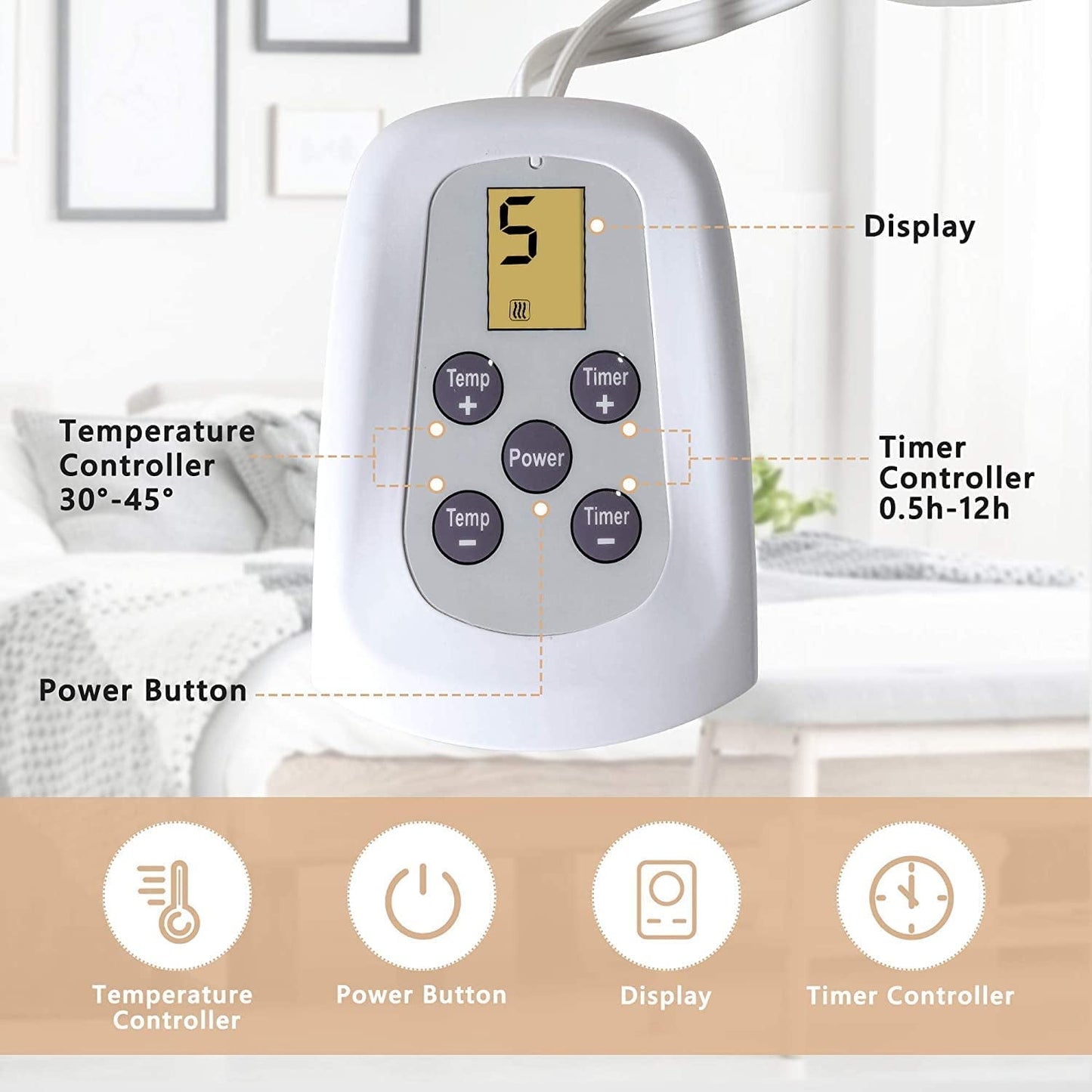 Superjoe Electric Blanket King Size 100" x 90" Heated Blanket, Dual Controllers 10 Heat Settings Auto-off Timer, Grey