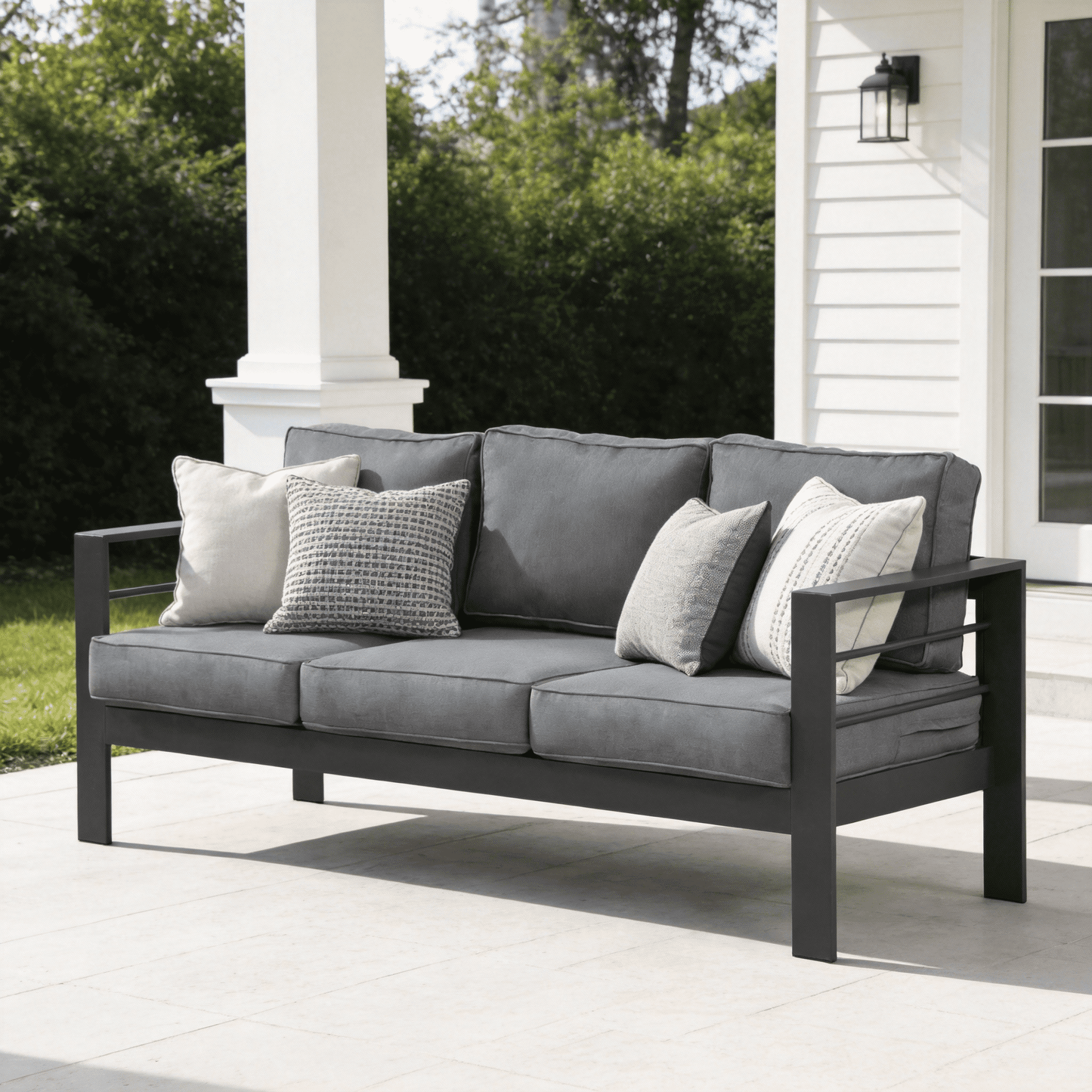 Heynemo 3 Seats Patio Aluminum Sofa Furniture, Metal Outdoor Couch with Cushions, Dark Grey