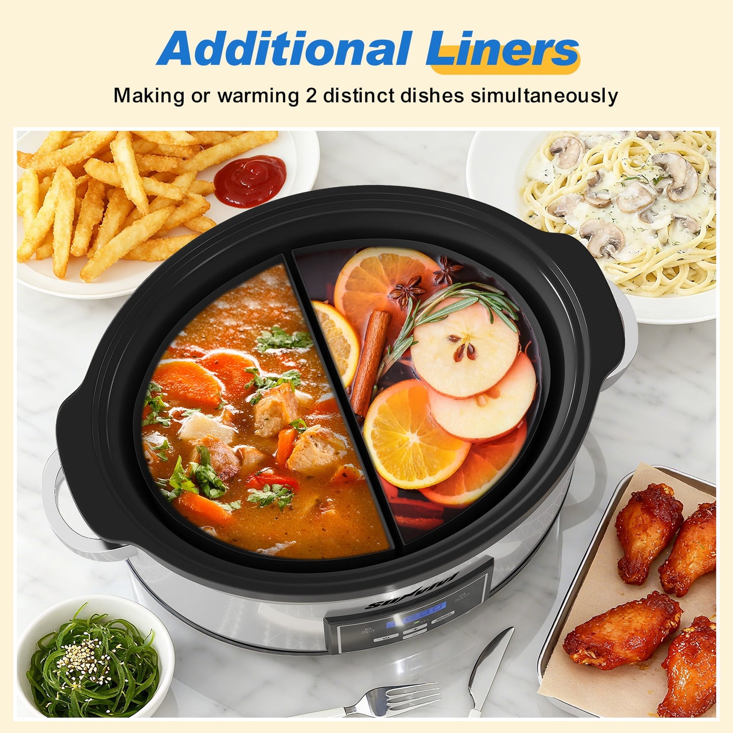 Superjoe Programmable Slow Cooker 6 Quart with 2 in 1 Silicone Liners, Multi-Cooker Food Warmer with Digital Timer, 3 Cooking Settings, Dishwasher-Safe Removable Ceramic Pot & Lid, Silver.