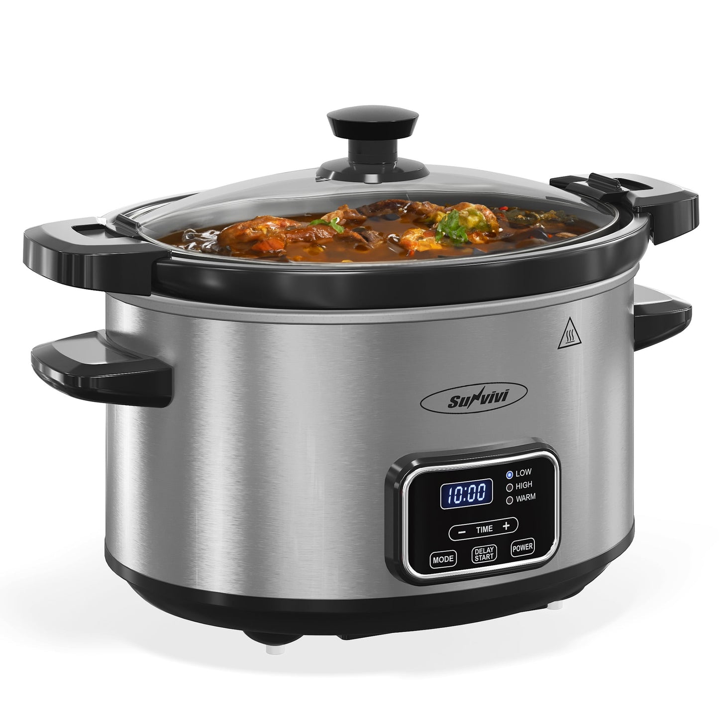 Sunvivi 4qt Slow Cooker, Programmable Slow Cooker with Locking Lid, Removable Ceramic Pot, 3 Heating Settings & Time Control, Mini Food Warmer with Dishwasher-safe Lid & Pot, Silver