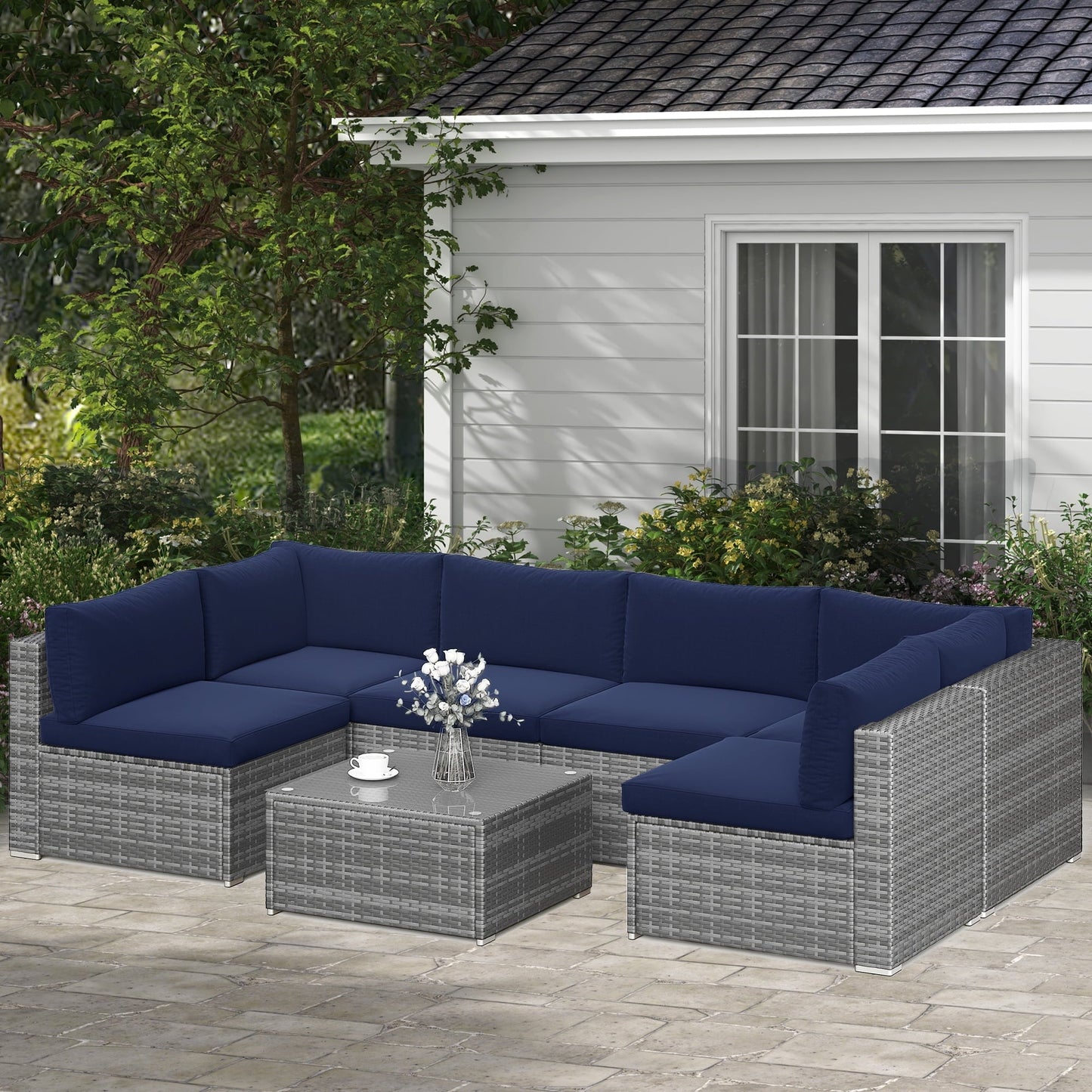 Royalcraft 7 Pieces Outdoor Conversation Set, All-Weather Wicker Rattan Sectional Sofa Set with Cushions & Coffee Table, Blue