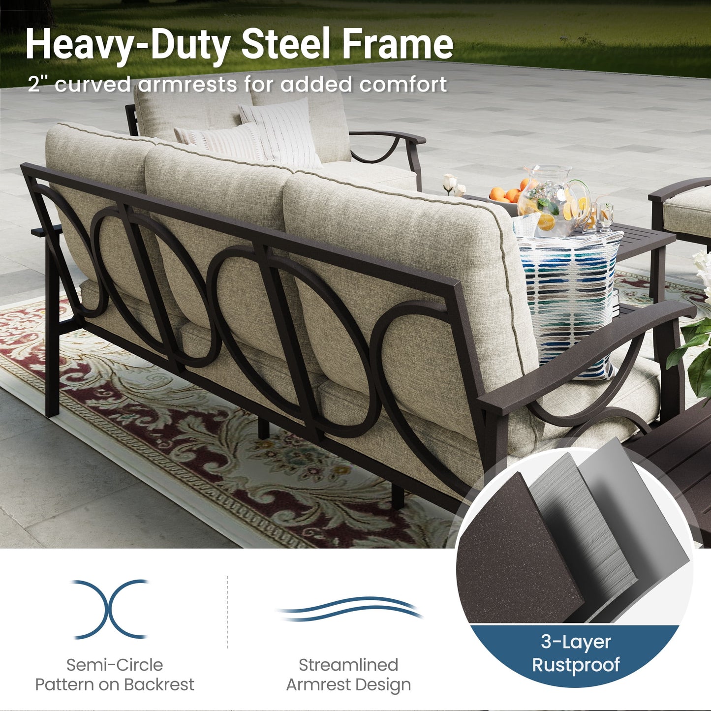 Heynemo 5-Seater Outdoor Patio Furniture Set, 4 Piece Patio Conversation Set with Coffee Table, Metal Furniture Set for Porch Backyard Garden, Coffee