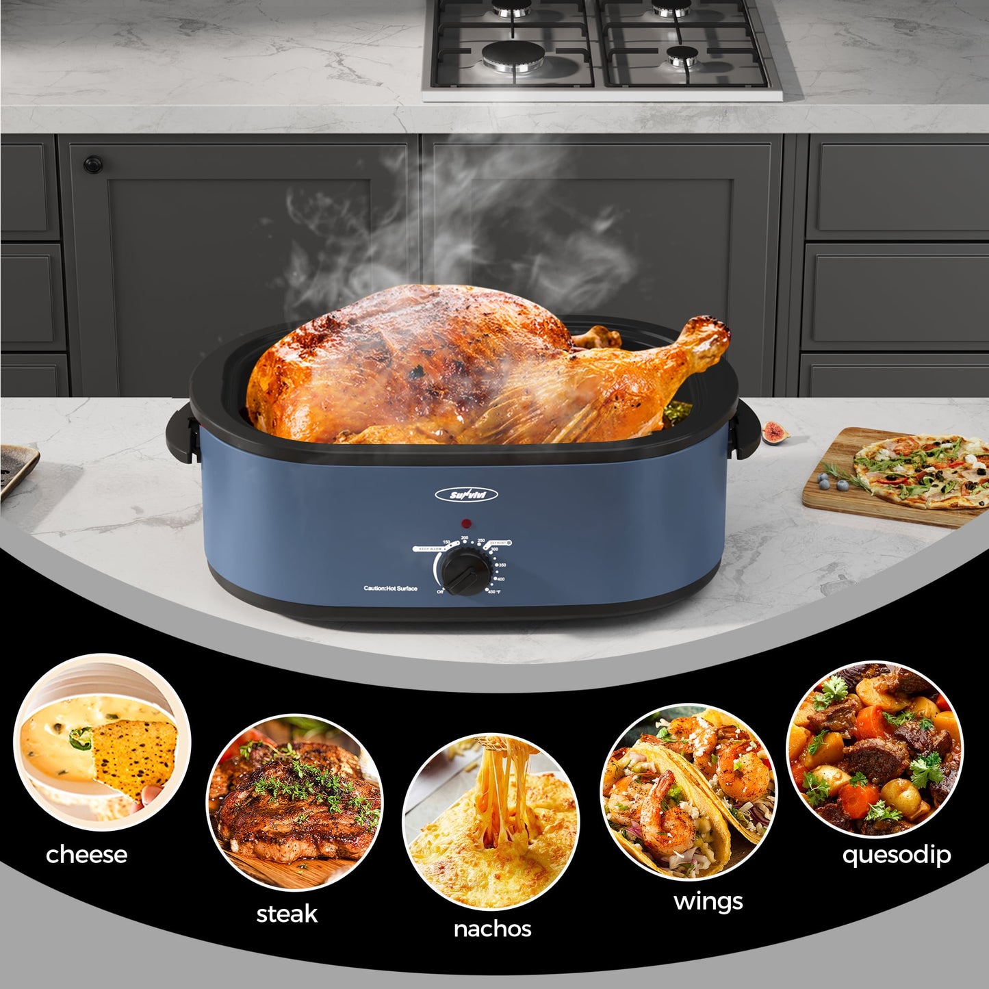 Sunvivi Roaster Oven with Self-Basting Lid, 18qt Electric Roaster with Removable Pan & Rack, Turkey Roaster Oven with Defrost & Warm Function, Stainless Steel, Blue