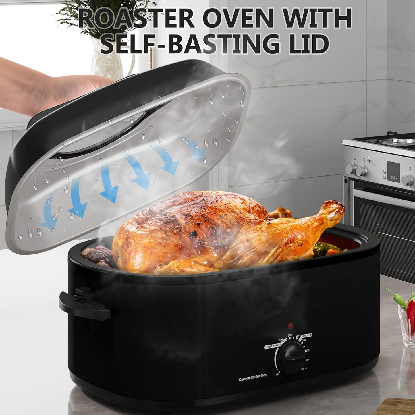Superjoe Roaster Oven 28 Quart, Electric Roaster Oven with Visible & Self-Basting Lid, Turkey Roaster Oven with Removable Pan & Rack, Variable Temperature Control, Stainless Steel, Black