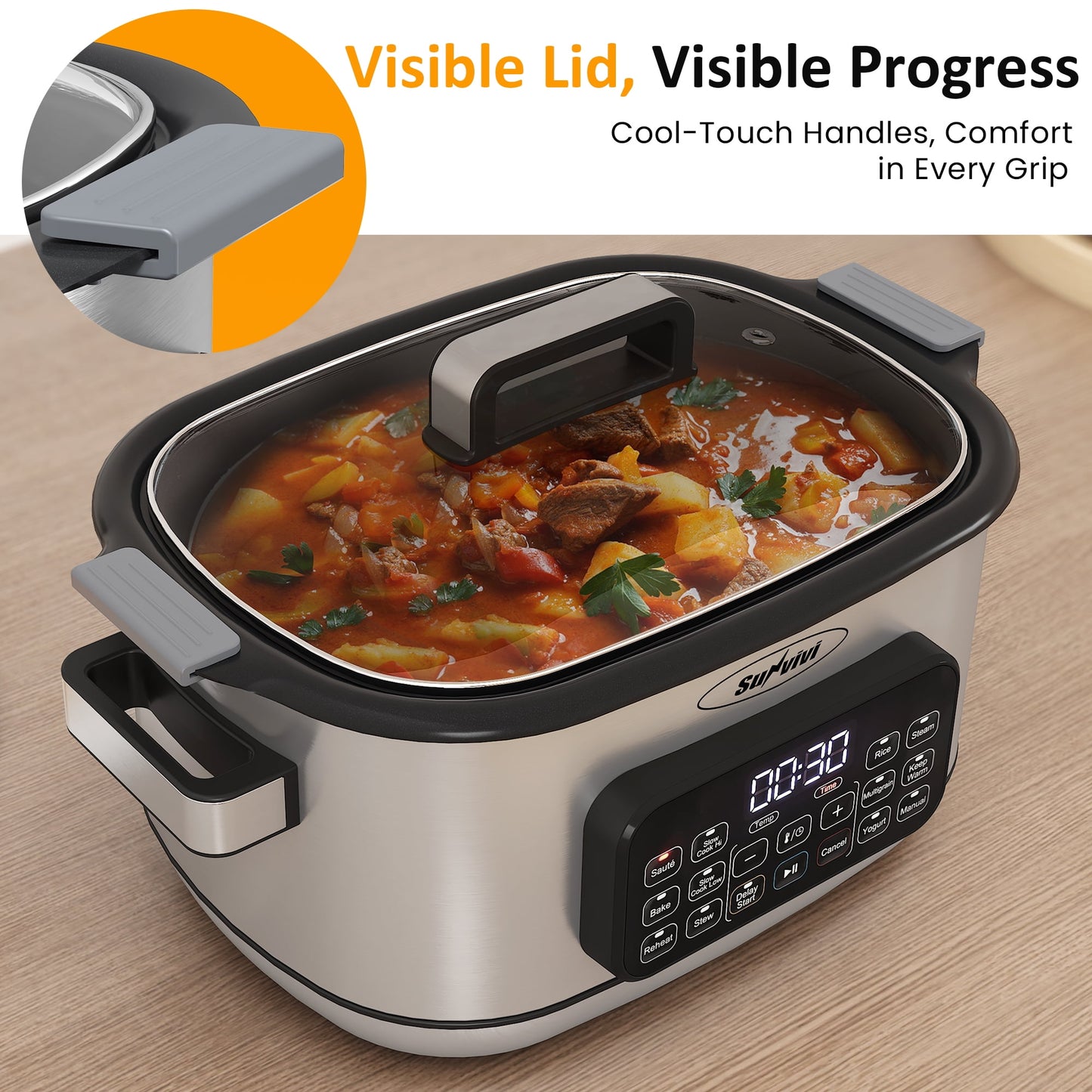 Sunvivi 6.5QT 12-in-1 Programmable Multi Slow Cooker, Food Warmer Pot with Digital Timer, Temp Control
