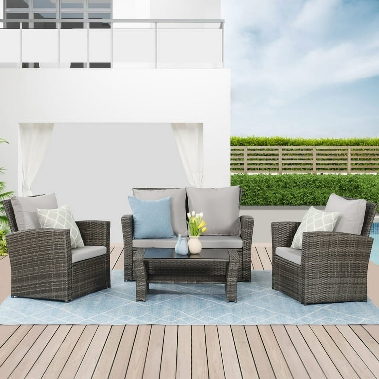 Superjoe 4 Pcs Outdoor Patio Furniture Set Wicker Sectional Sofa with Coffee Table,Gray