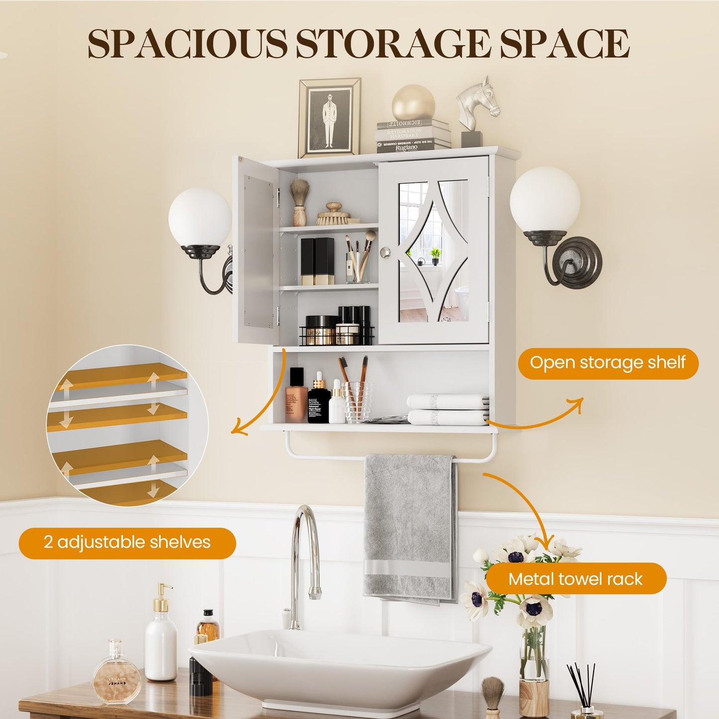 RoyalCraft Bathroom Wall Cabinet with Mirror, Wall Mount Bathroom Storage Cabinet, Adjustable Shelves