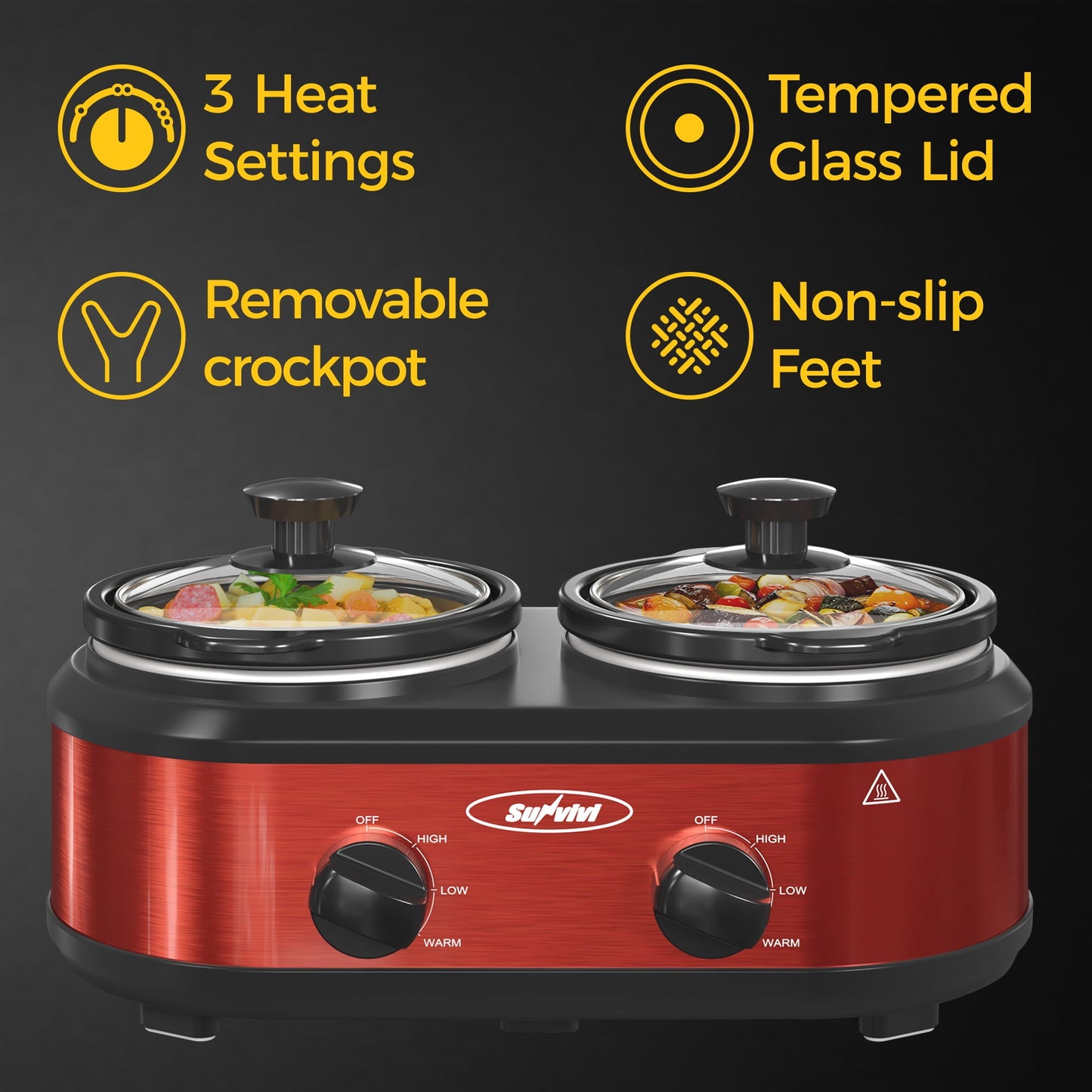 SUNVIVI Small Double Slow Cooker, 2 Pot 1.25 Quart Oval Crock Food Warmer Buffet Server, Stainless Steel-2