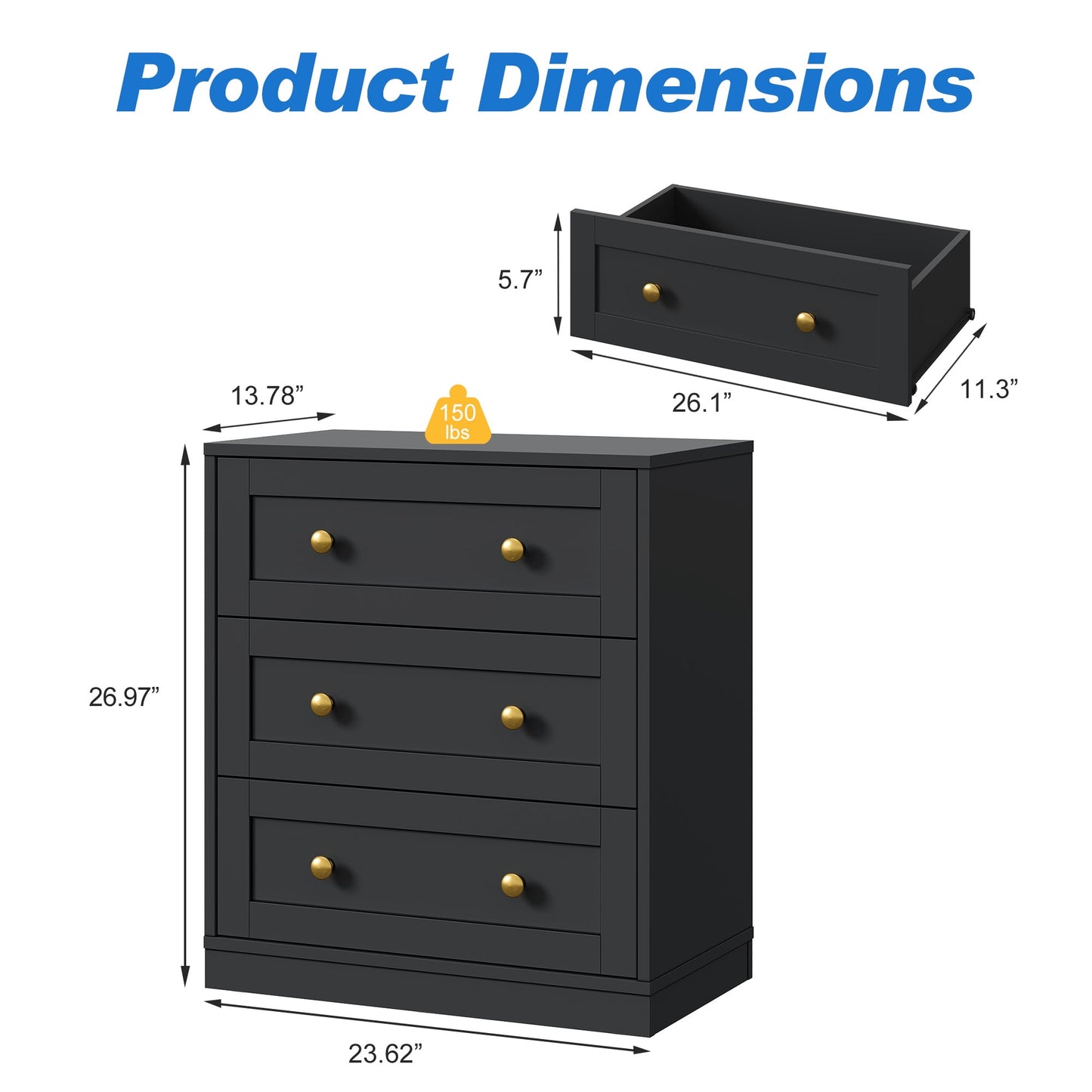 May in Color Black Nightstands Set of 2, Modern 3-Drawer Bedside Tables with Gold Knobs, Wooden End Tables for Bedroom, Living Room, Hallway, or Closet