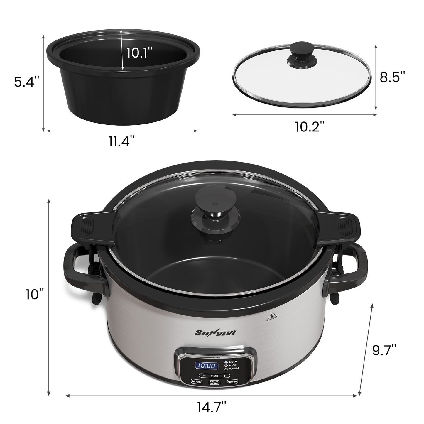 Heynemo 4QT Programmable Slow Cooker with Locking Lid, Removable Ceramic Pot, 3 Heating Settings & Timer, Dishwasher-Safe, Stainless Steel