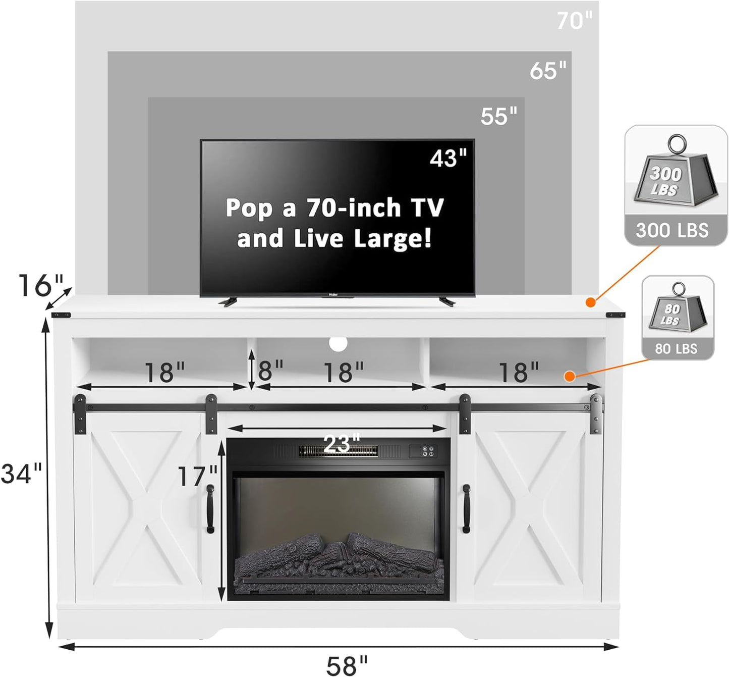 Mayincolor Farmhouse TV Stand for 65''+ Inch TV, 34'' Tall Entertainment Center, Rustic TV Console with Sliding Bar Door for Living Room (White)