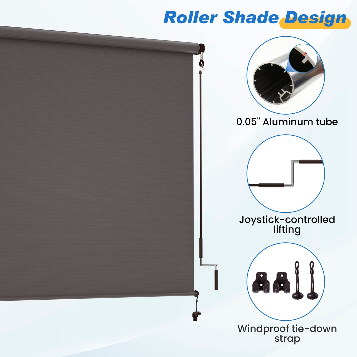 Heynemo 8'x 8' Outdoor Roller Shade, Cordless Patio Shade with Crank Handle, 95% UV Protection Outdoor Blind for Porch, Gazebo, Pergola, Brown