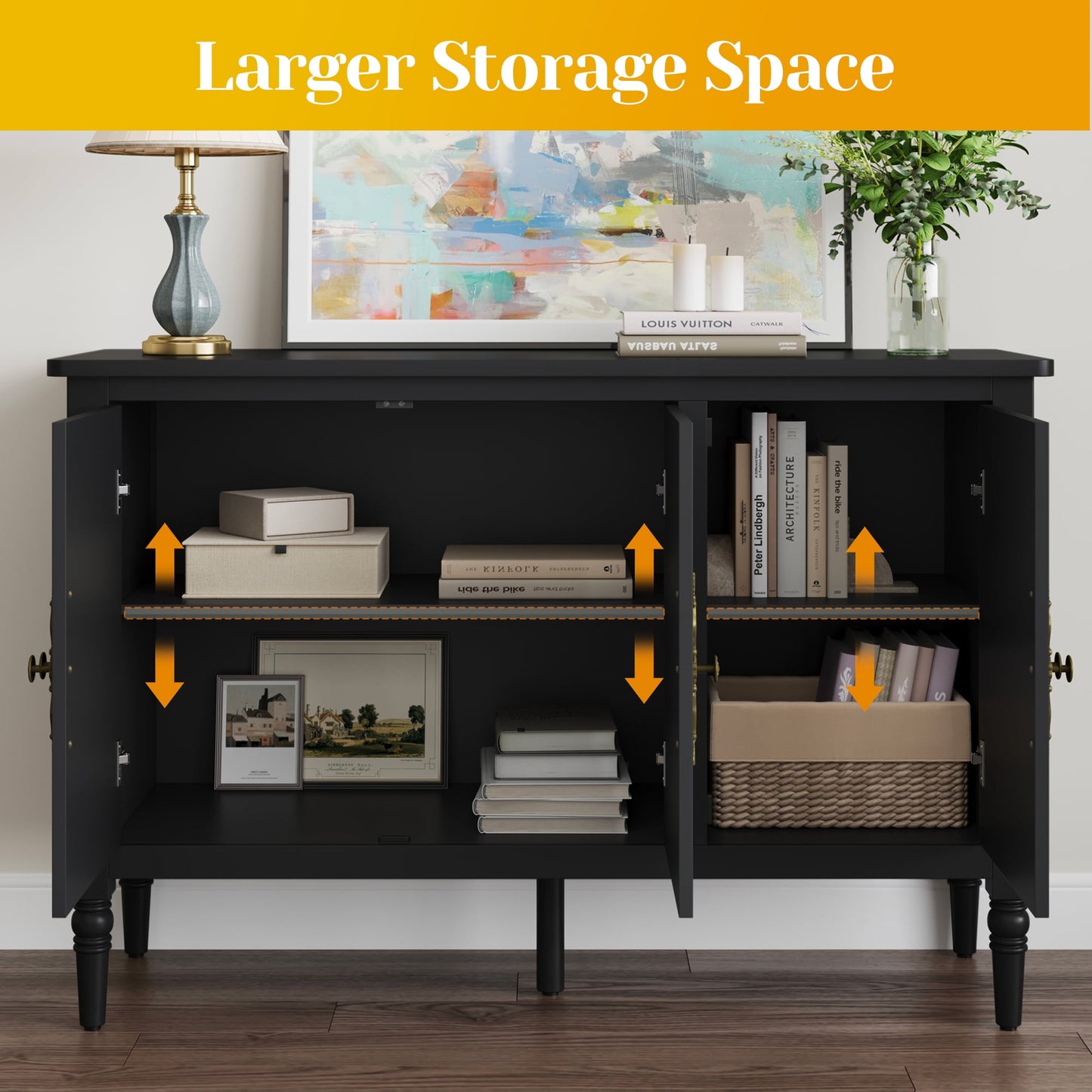 Heynemo 3-Door Storage Cabinet, Sideboard Cabinet with Adjustable Shelves, Ideal for Entryway, Living Room, Dining Room, Black