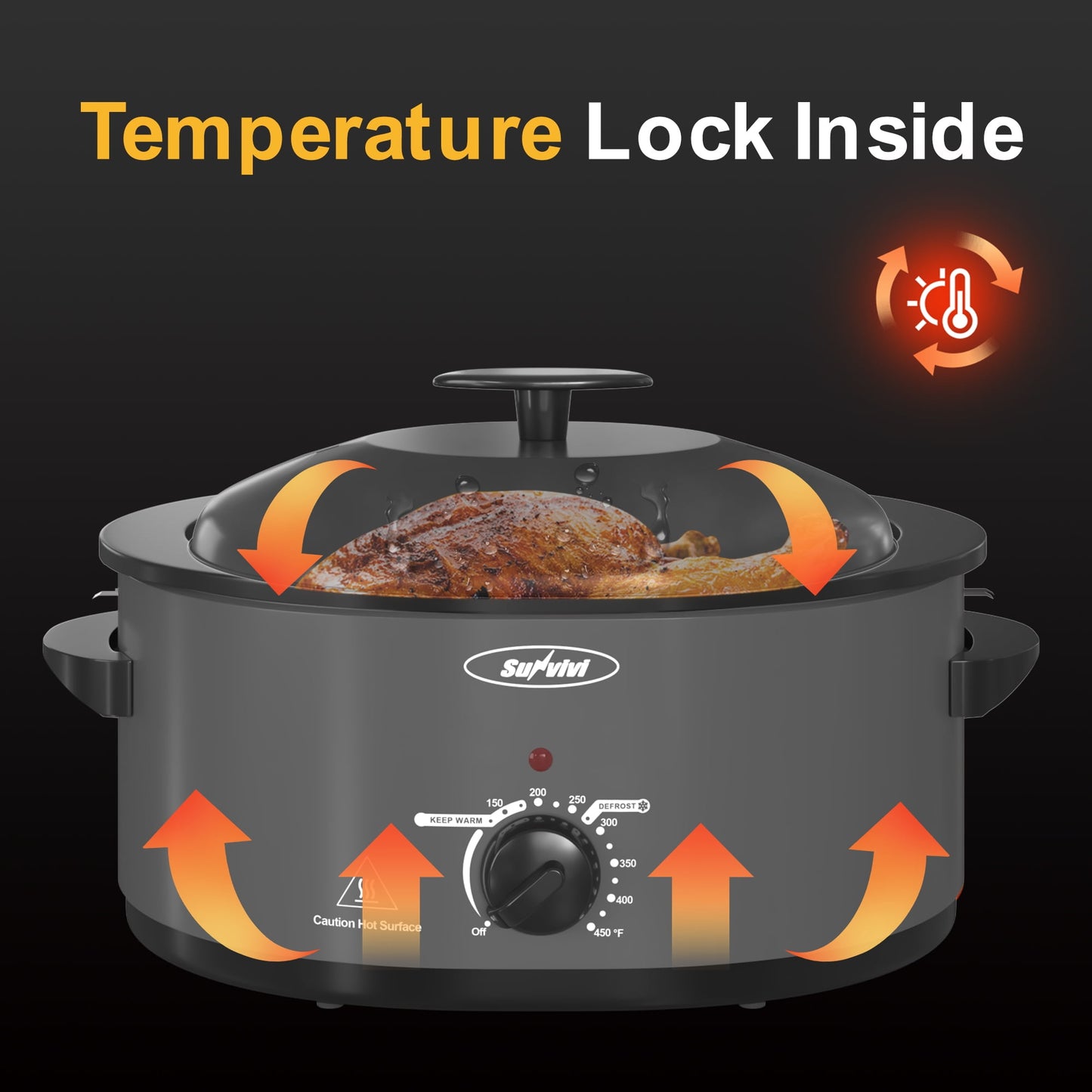 Heynemo Roaster Oven with Self-Basting Lid, 8qt Electric Roaster with Removable Pan & Rack, Turkey Roaster Oven with Defrost & Warm Function, Stainless Steel, Grey