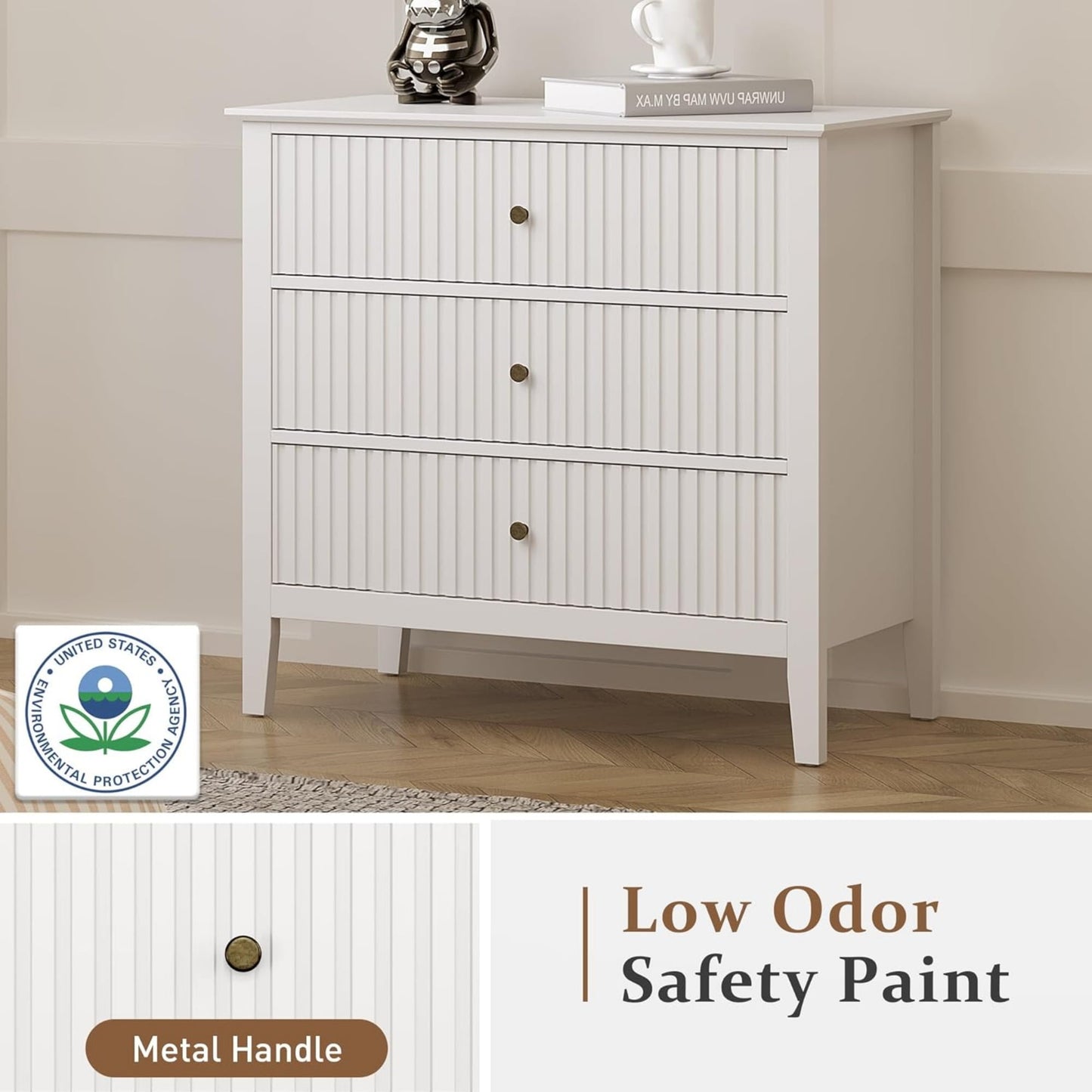 Heynemo Large White 3 Drawer Dresser, Painted 30 Inch Tall Wood Nightstand with Storage, Wide Modern Chest of Drawers with Ball Bearing Slide for Bedroom Hallway Living Room Entryway Office