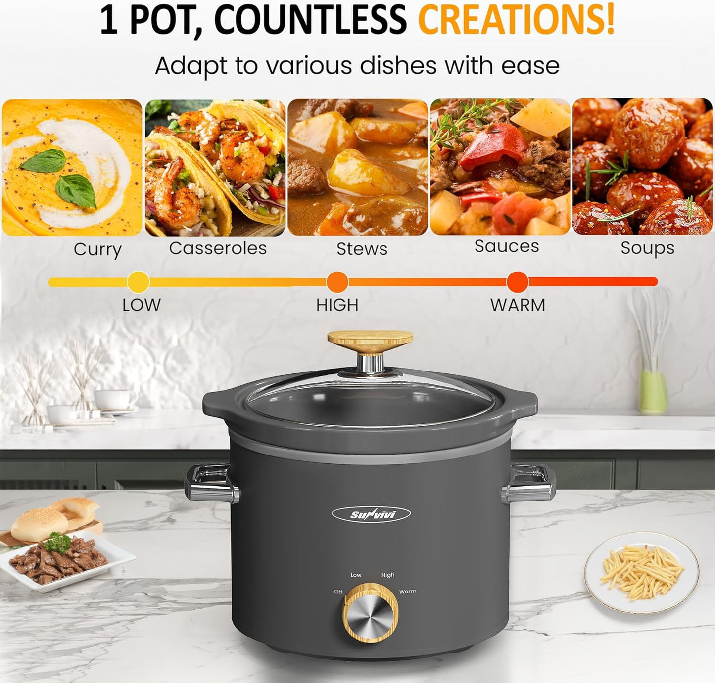 Superjoe 2 Quart Slow Cooker, Small Slow Cooker with Removable Ceramic Pot, Slow Cooker Food Warmer with 3 Heating Settings & Dishwasher Safe Glass Lid, Grey