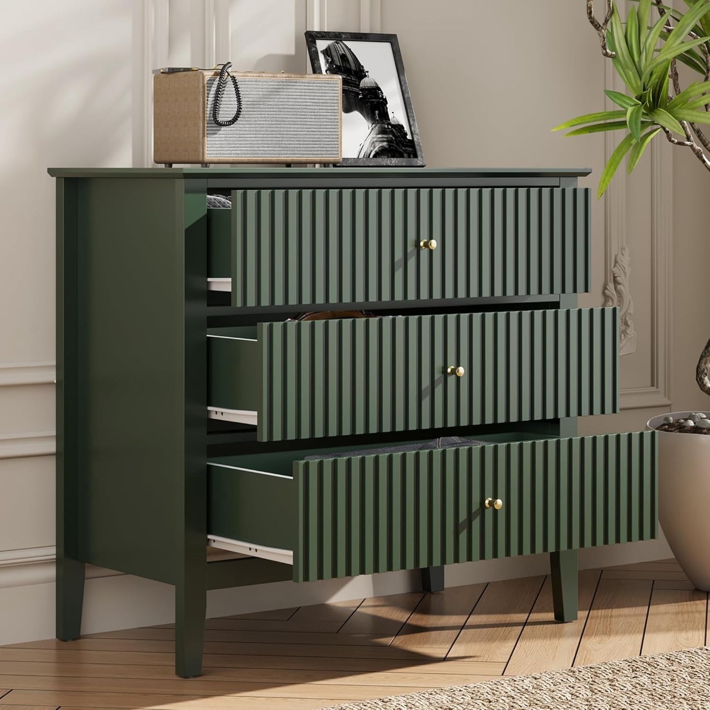 32" Green Fluted Dresser Nightstand, Wide Modern 3 Drawer Wooden Chest, Large Painted Storage Cabinet, for Bedroom, Closet, Hallway, Entryway