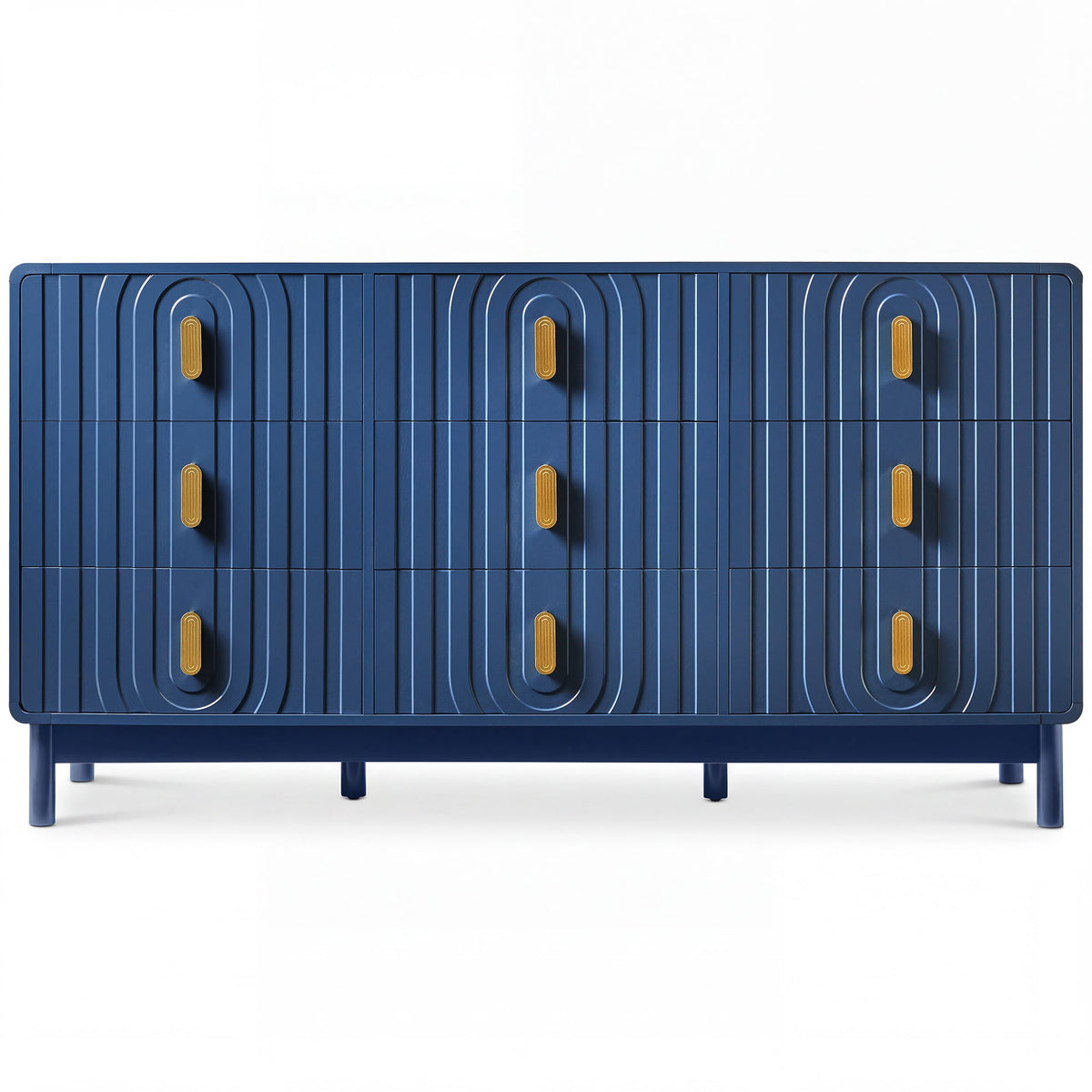 Heynemo Fluted Chest of 9 Drawers, Blue Modern 9 Drawer Dresser with Gold Metal Handles, Wide Storage Dresser Cabinet for Bedroom Living Room