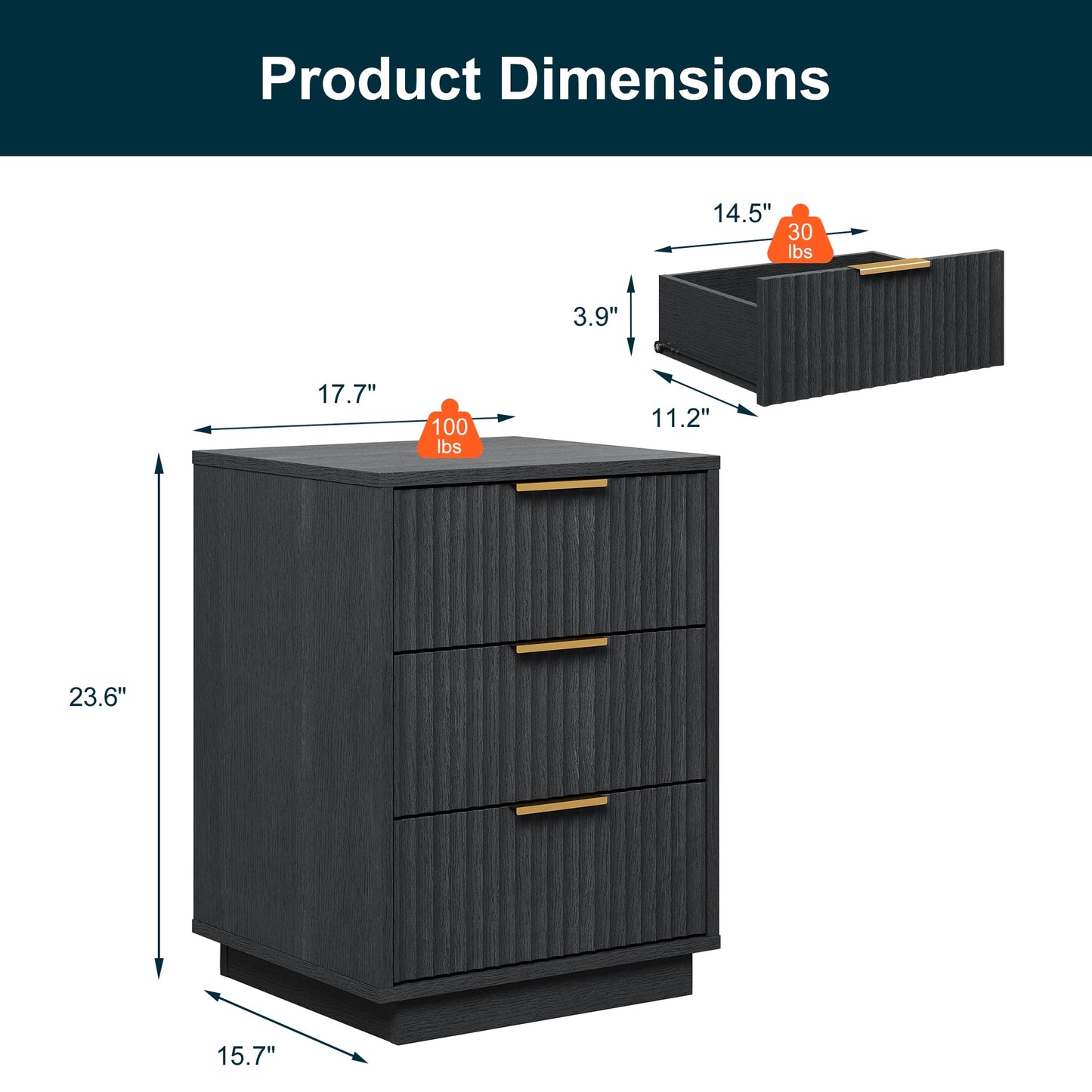 Heynemo Low 3-Drawer Dresser Set of 2, Modern Storage Cabinet with Wavy Drawers for Bedroom, Hallway, or Living Room, Black