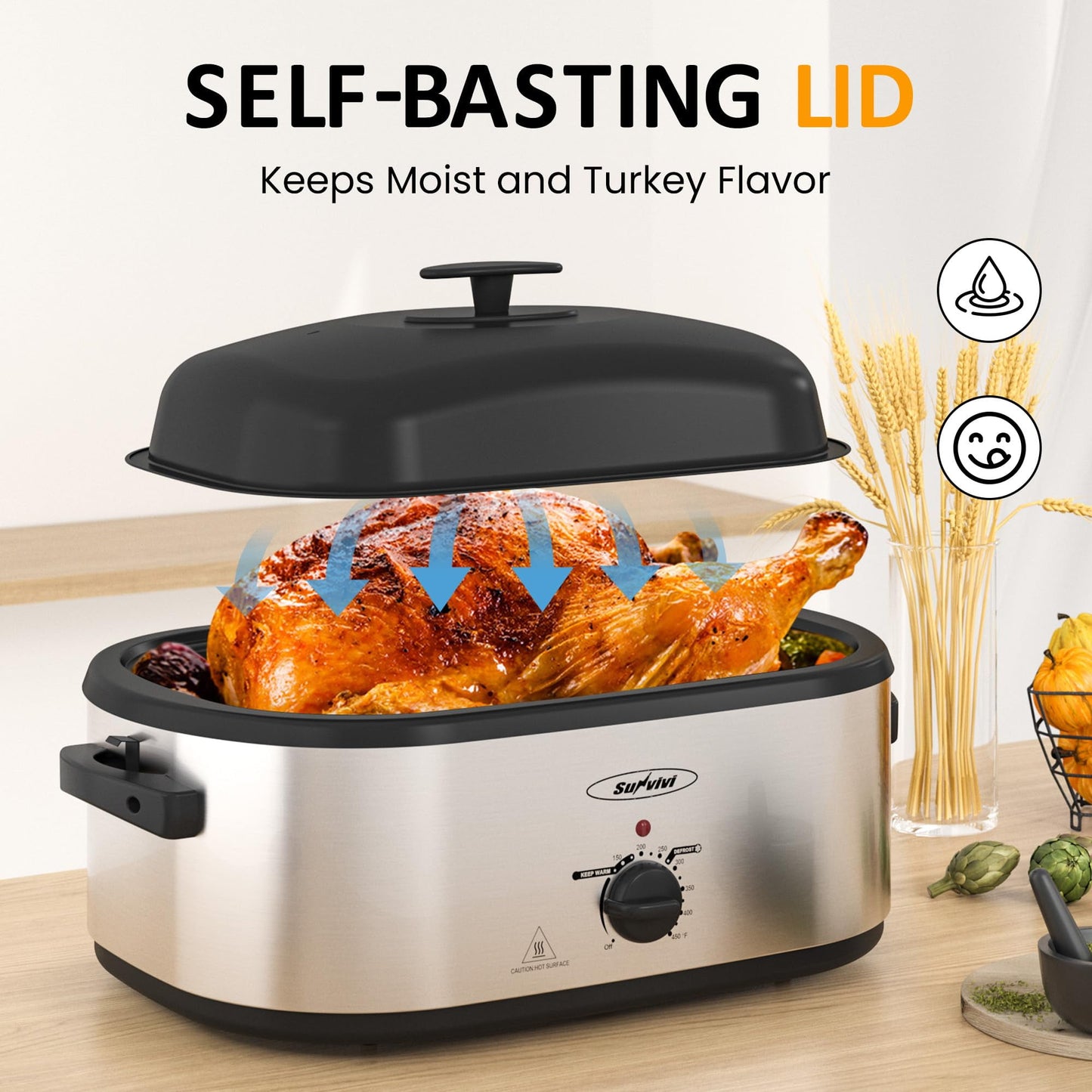 Superjoe Electric Roaster Oven, 24 QT Roaster with 3 Compartments and Self-Basting Lid, Turkey Roaster Oven with 150-450¡ãF Full-Range Temperature Control, Removable Pan & Rack,Silver