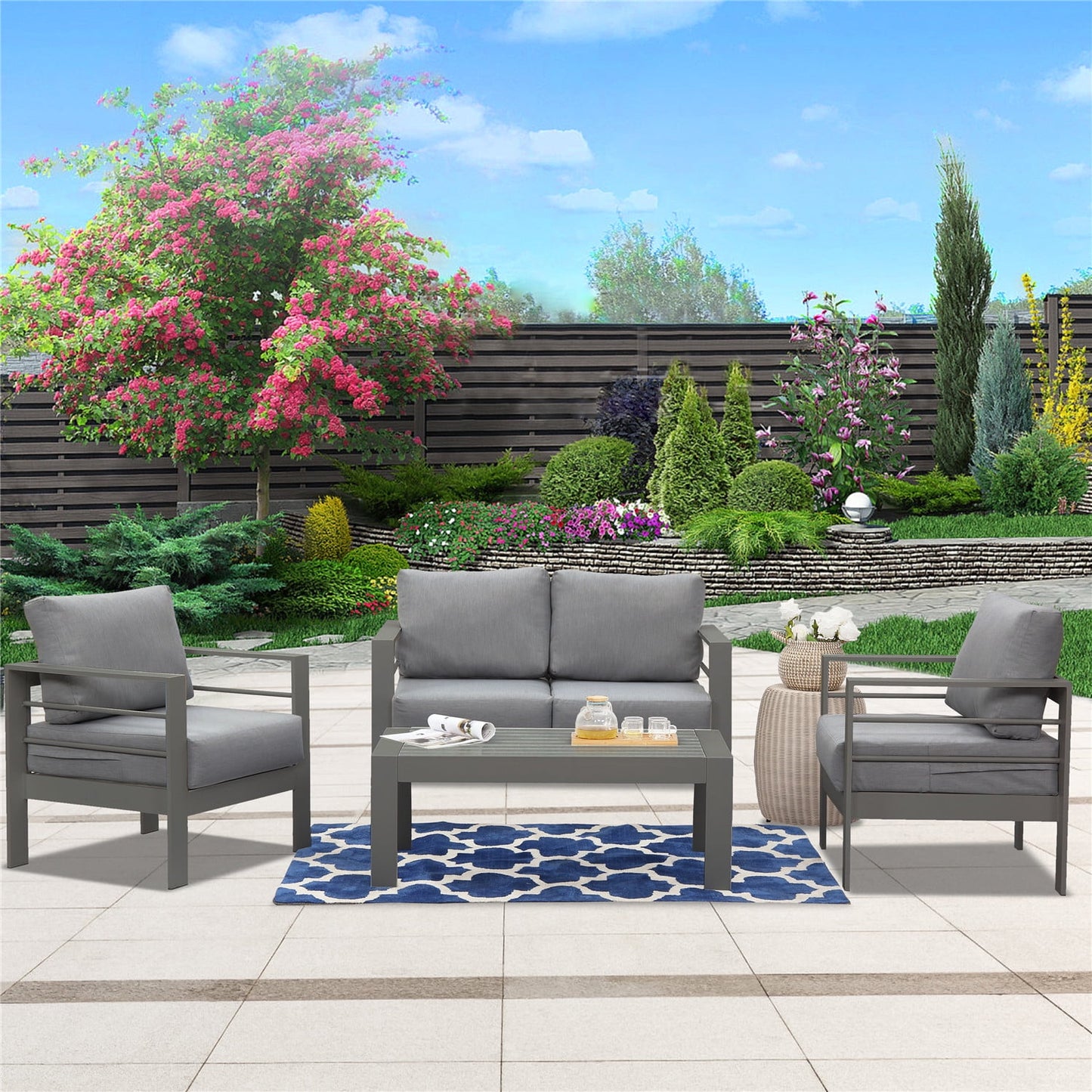 Superjoe Outdoor 2-Seat Patio Aluminum Loveseat Sofa Couch Furniture with Light Grey Cushions, Grey
