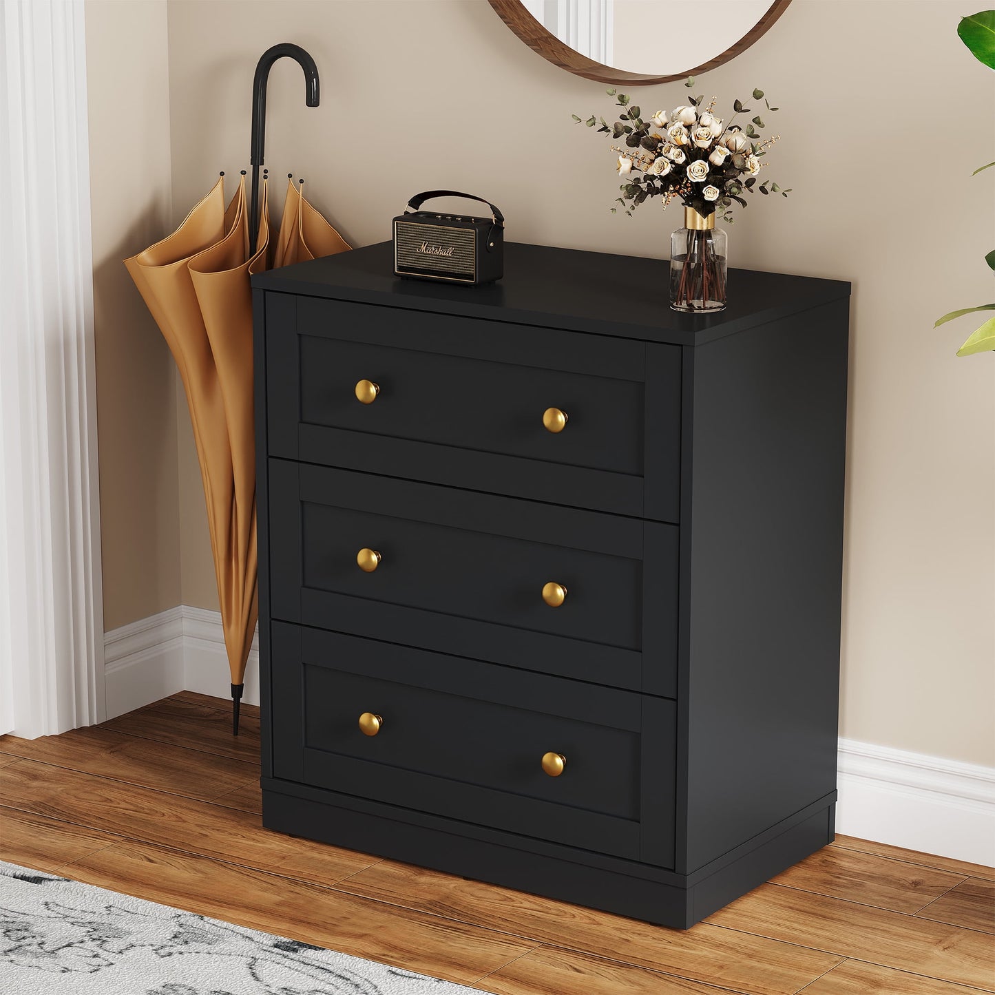 Heynemo 3-Drawer Nightstand, Wooden Bedside Table with Gold Knobs, Modern Storage Cabinet for Bedroom, Living Room, or Hallway, Black