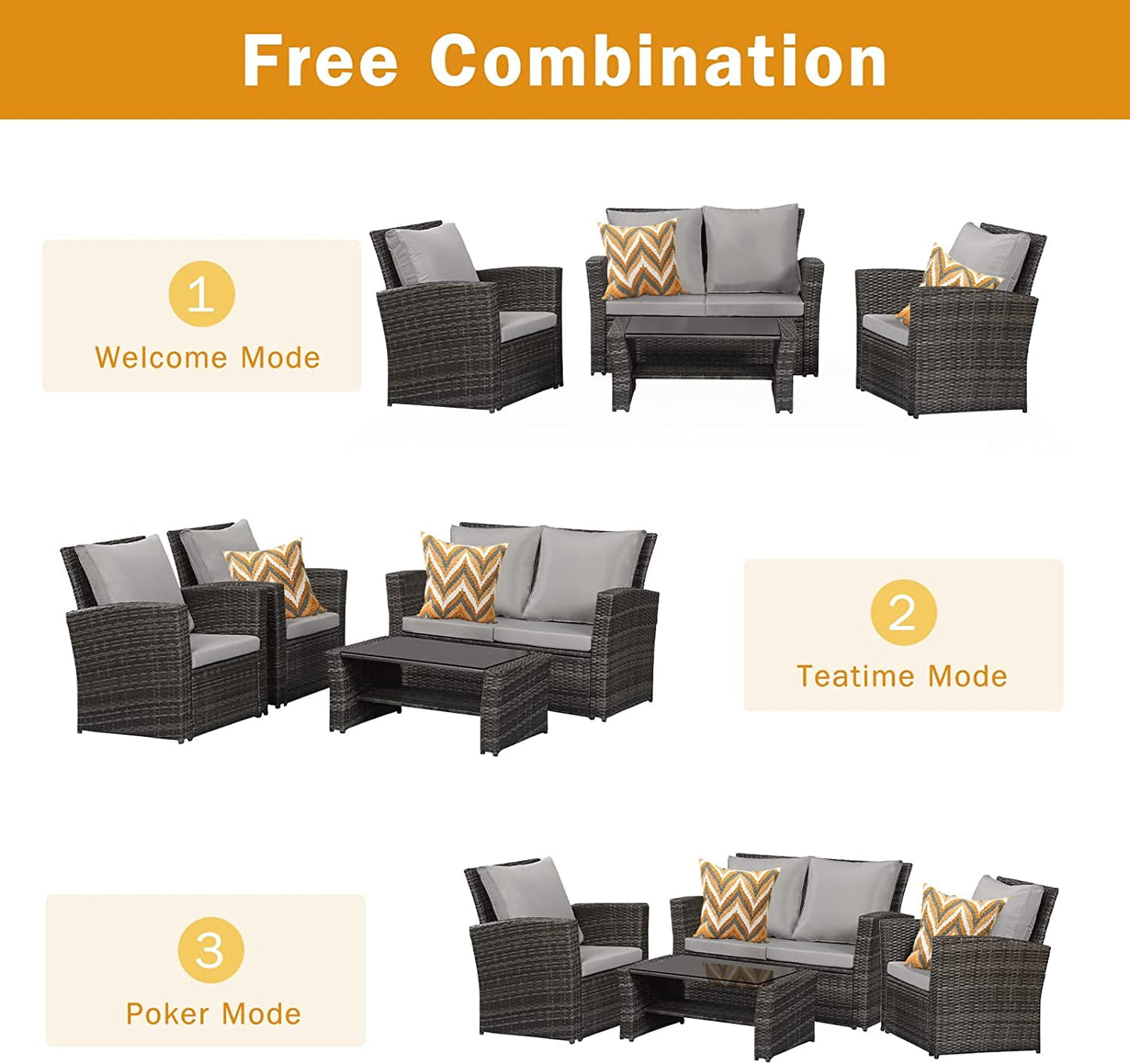 Superjoe 4 Piece Outdoor Patio Furniture Set Rattan Sectional Conversation Set, 4 Cushioned Seats, Gray, 4