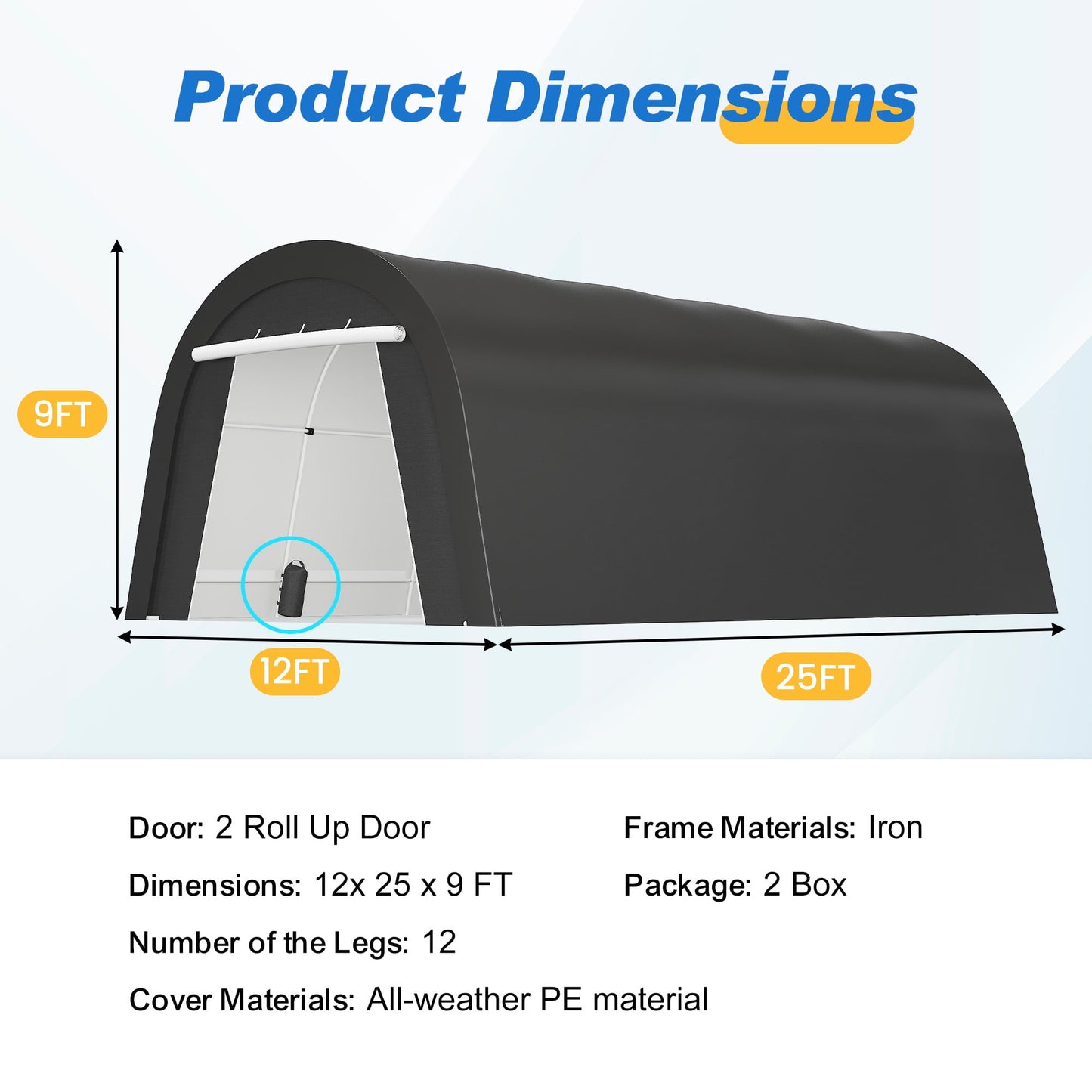 Heynemo 12' x 25' Portable Metal Carport with 4 Bags, Weatherproof PE Cover, Outdoor Car Canopy Tent with 2 Roll-up Doors, Outside Dome Storage Shelter Shed for Cars, Truck, Garden Tools