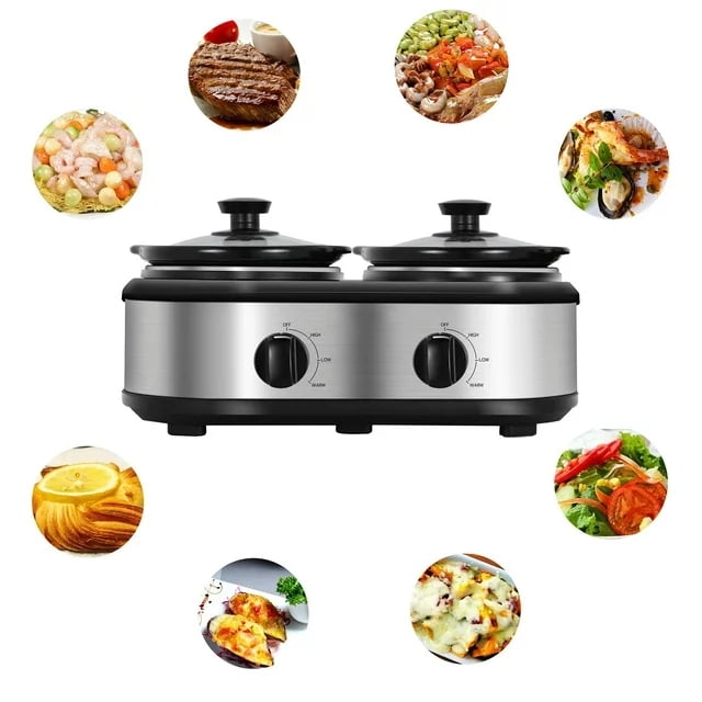 Superjoe Dual Pot Slow Cooker 2x1.25 qt Food Warmer with Adjustable Temp Slow Cooker Buffet Server Stainless Steel