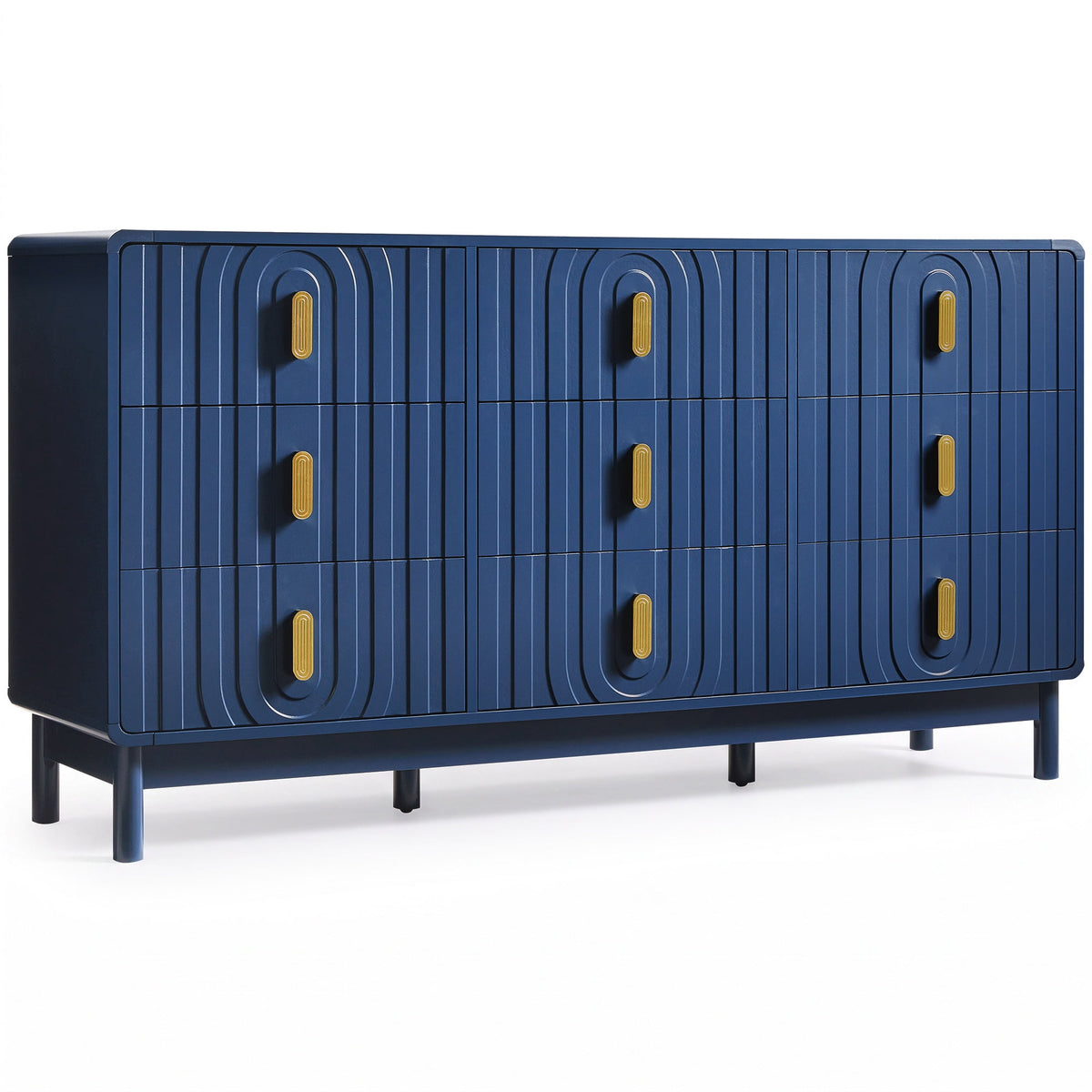 Heynemo Fluted Chest of 9 Drawers, Blue Modern 9 Drawer Dresser with Gold Metal Handles, Wide Storage Dresser Cabinet for Bedroom Living Room