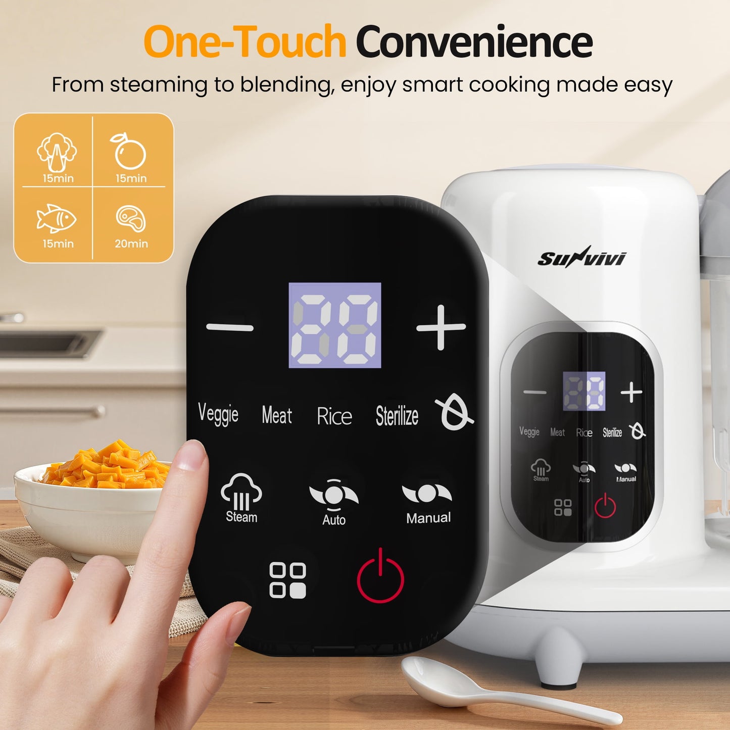 Sunvivi All-in-One Baby Food Maker with Steamer, Blender, Heating & Stirring | LCD Display, Self-Clean Baby Food Processor