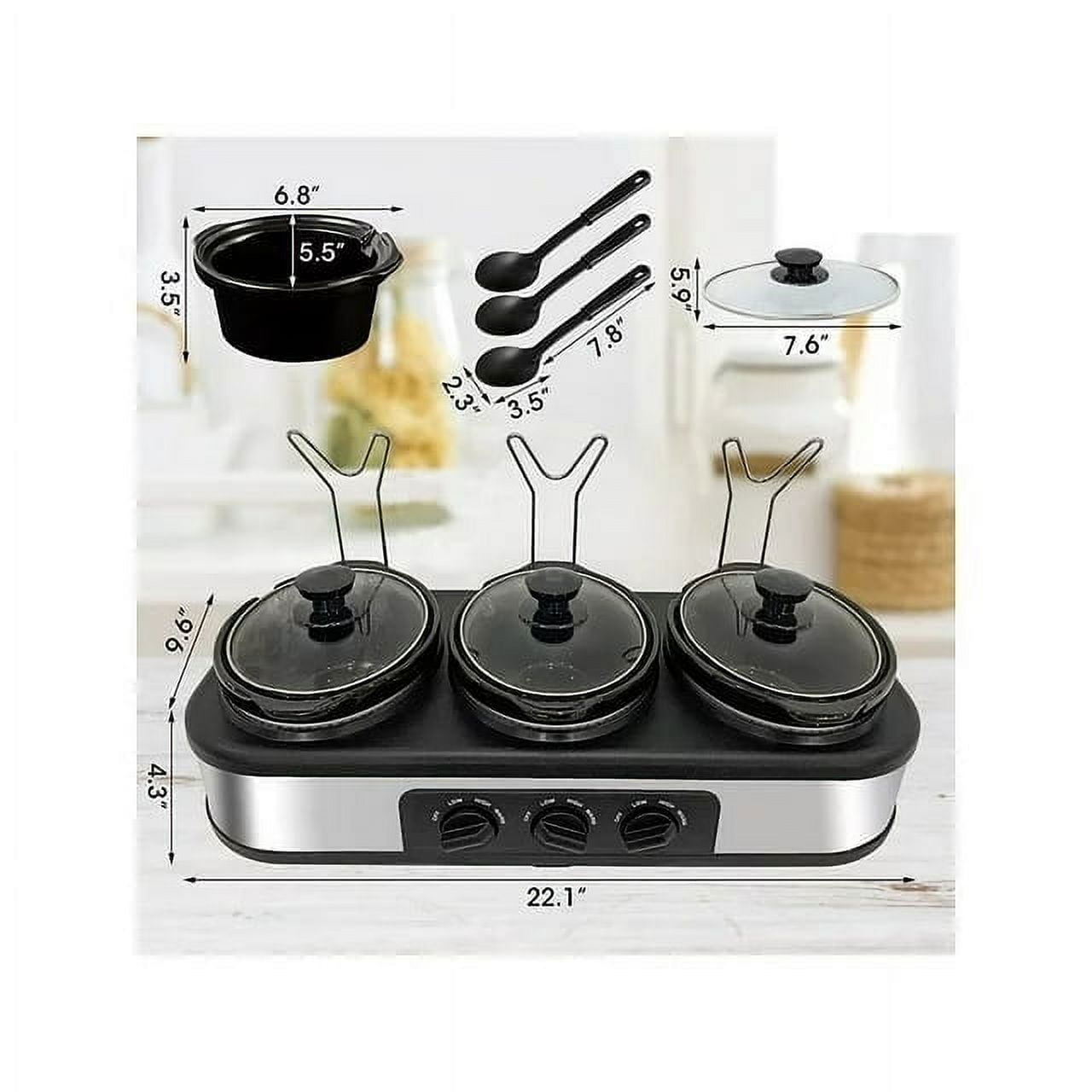 Superjoe Electric Slow Cooker Buffet, 3-Pots Stainless, Server Black 4.5qt 3-Crock